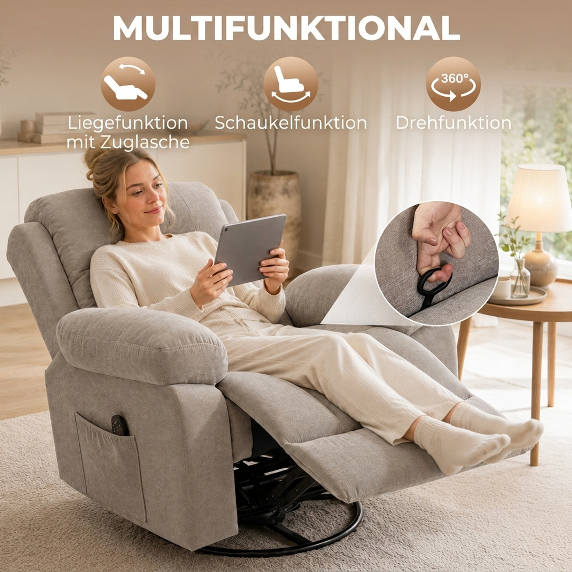 Relaxsessel Fernsehsessel 360° Drehbarer Massagesessel mit Wärme, Massage, Chenille-Optik, Beige