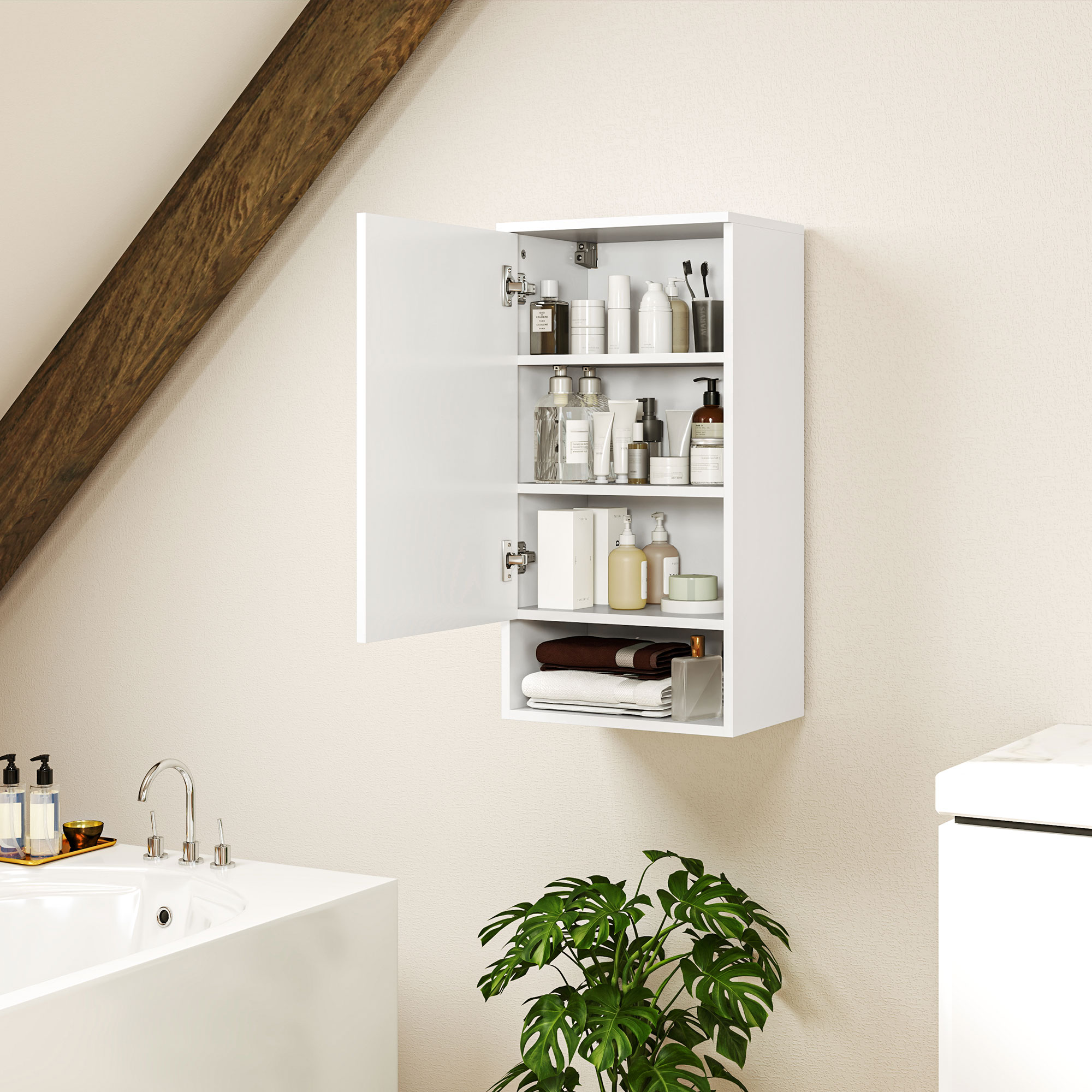 Wandmontierter Badezimmerschrank, Wandschrank für Badezimmer mit verstellbaren Ablagen, offenem Fach, Holz, Weiß