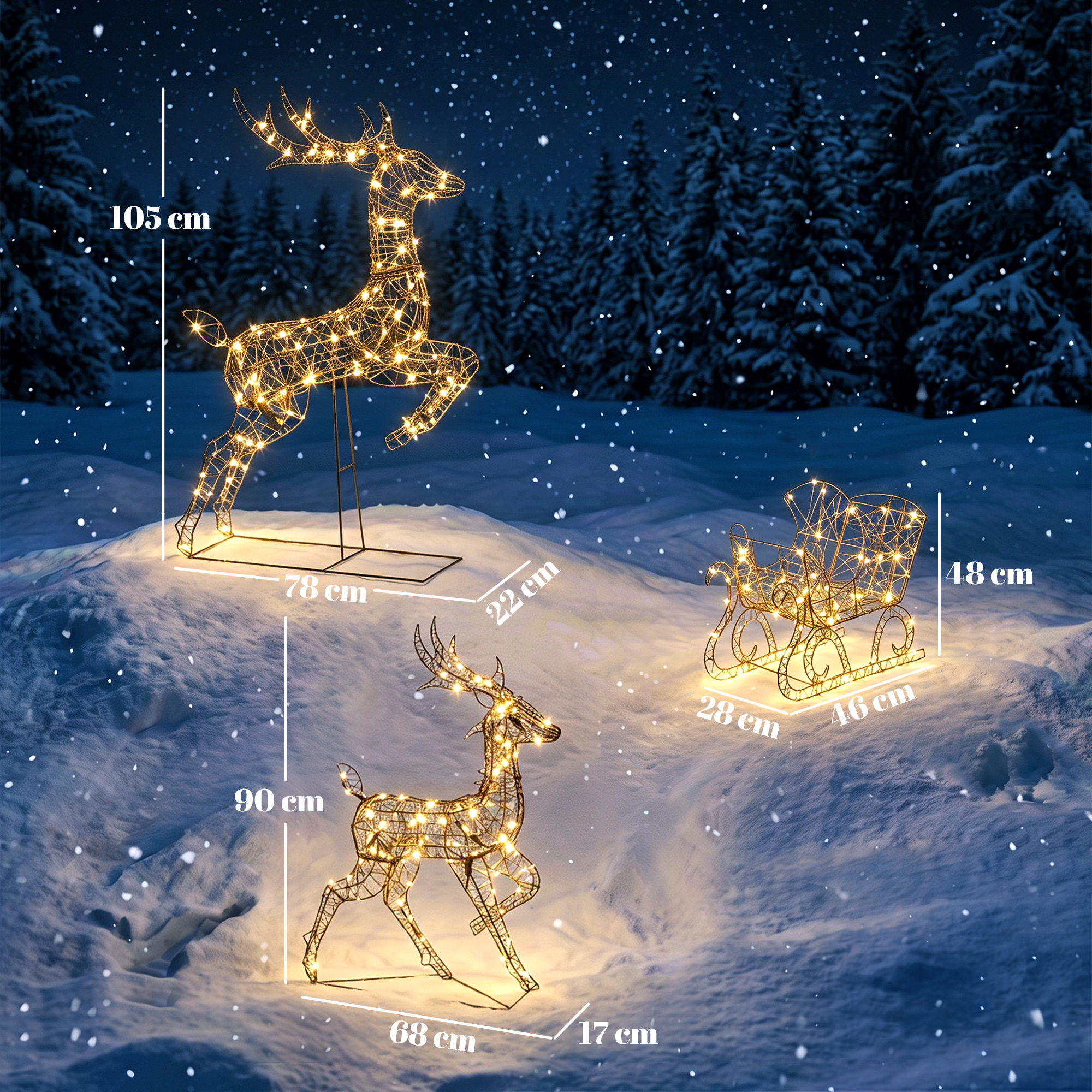 3-tlg. beleuchtetes Rentier- und Schlitten-Set, Weihnachtsdeko aus Polyrattan mit LEDs, 8 Modi, Timer