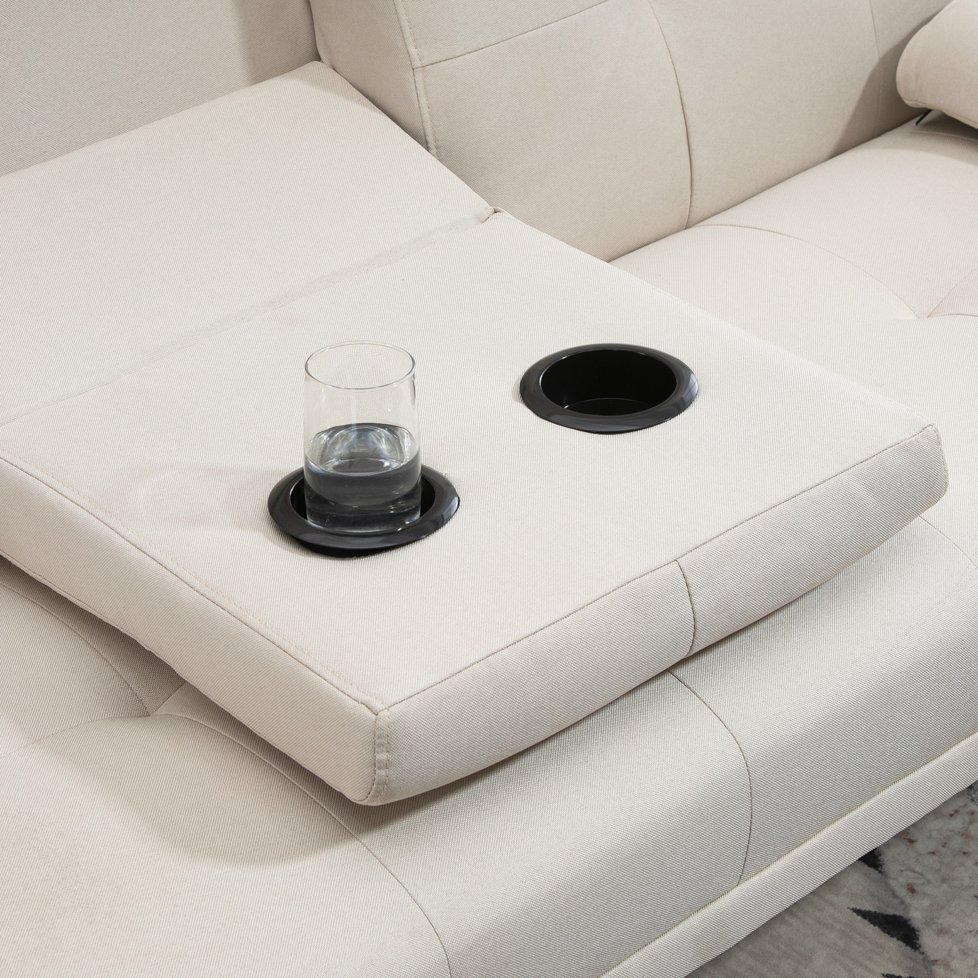 Schlafsofa 3-Sitzer, neigbare Rückenlehne mit Klapptisch, zwei Armpolster, Leinenoptik, beige, 181 x 77 x 78 cm