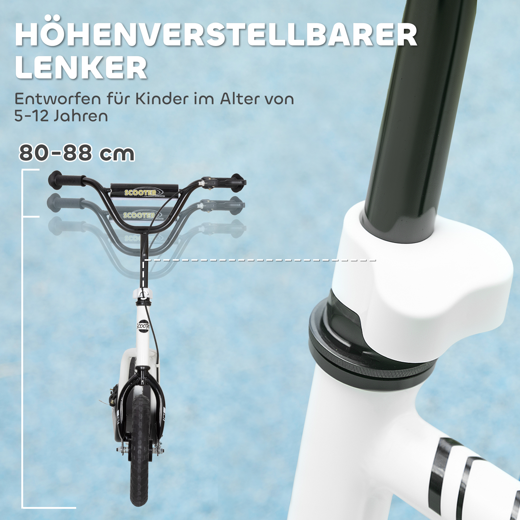 Kinderroller mit verstellbarem Lenker, große Räder, Parkständer, Handbremse, für Kinder im Alter von 5-12 Jahren, Weiß