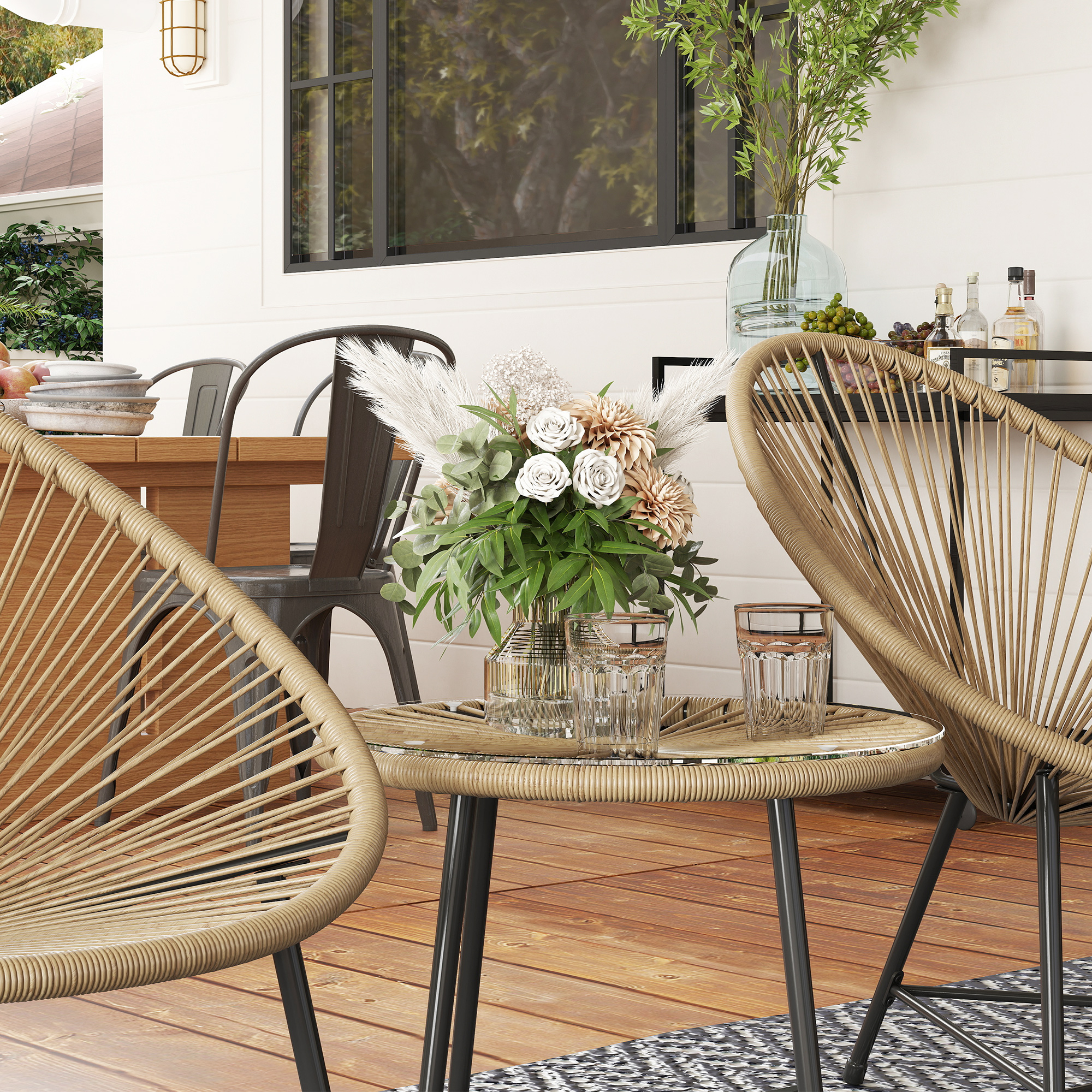 3-teiliges Gartenmöbel-Set, 2 Kunststoffrattan-Stühle, 1 Tisch mit Glasplatte, Stahlrahmen, Outdoor-Sitzmöbel, Hellbraun