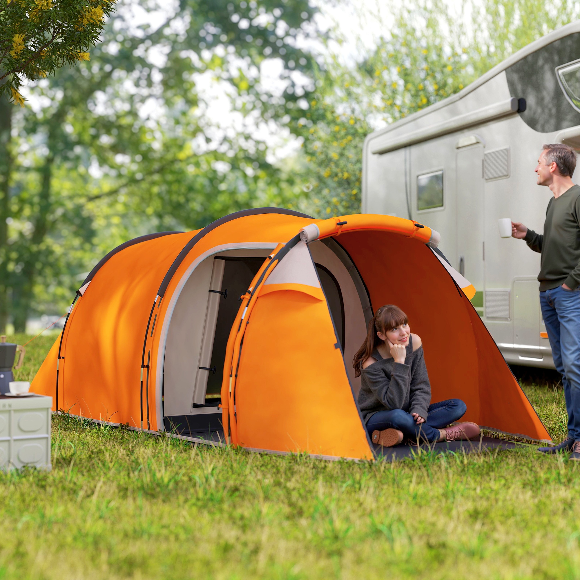 Tunnelzelt für 2-3 Personen, Campingzelt mit Vorraum Lampenhaken 2000mm Wassersäule Orange