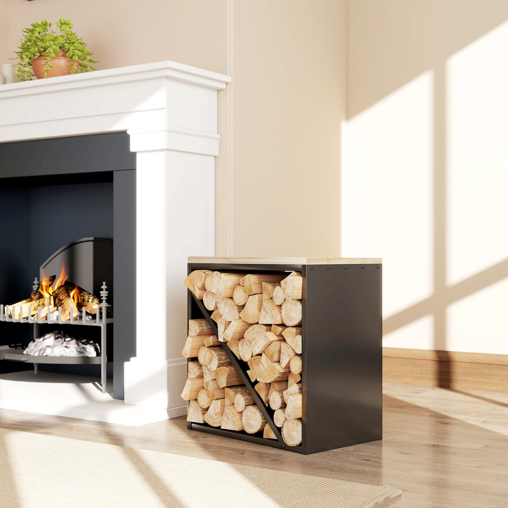 2-in-1 Kaminholzregal für innen 58 x 36 x 60cm erhöhtes Brennholzregal mit Trenner Metall Schwarz