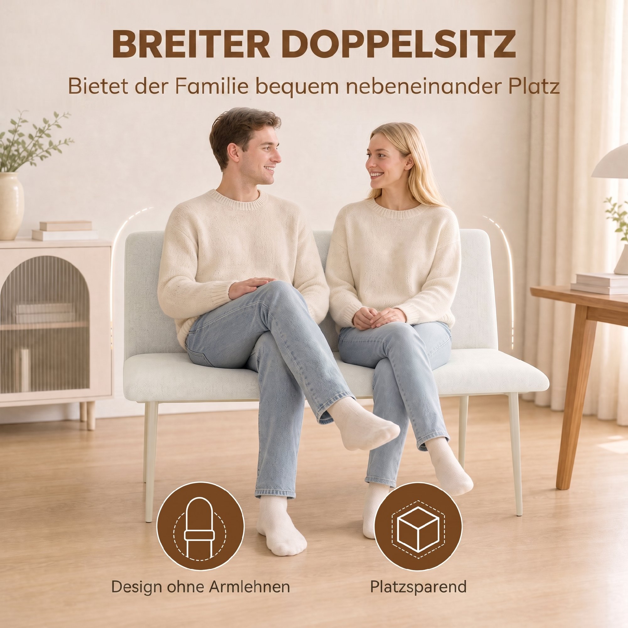 Esszimmerstuhl ohne Armlehnen, Stoff in Leinenoptik, Küchenstuhl mit Rückenlehne und Metallbeinen, für Wohnzimmer, Creme