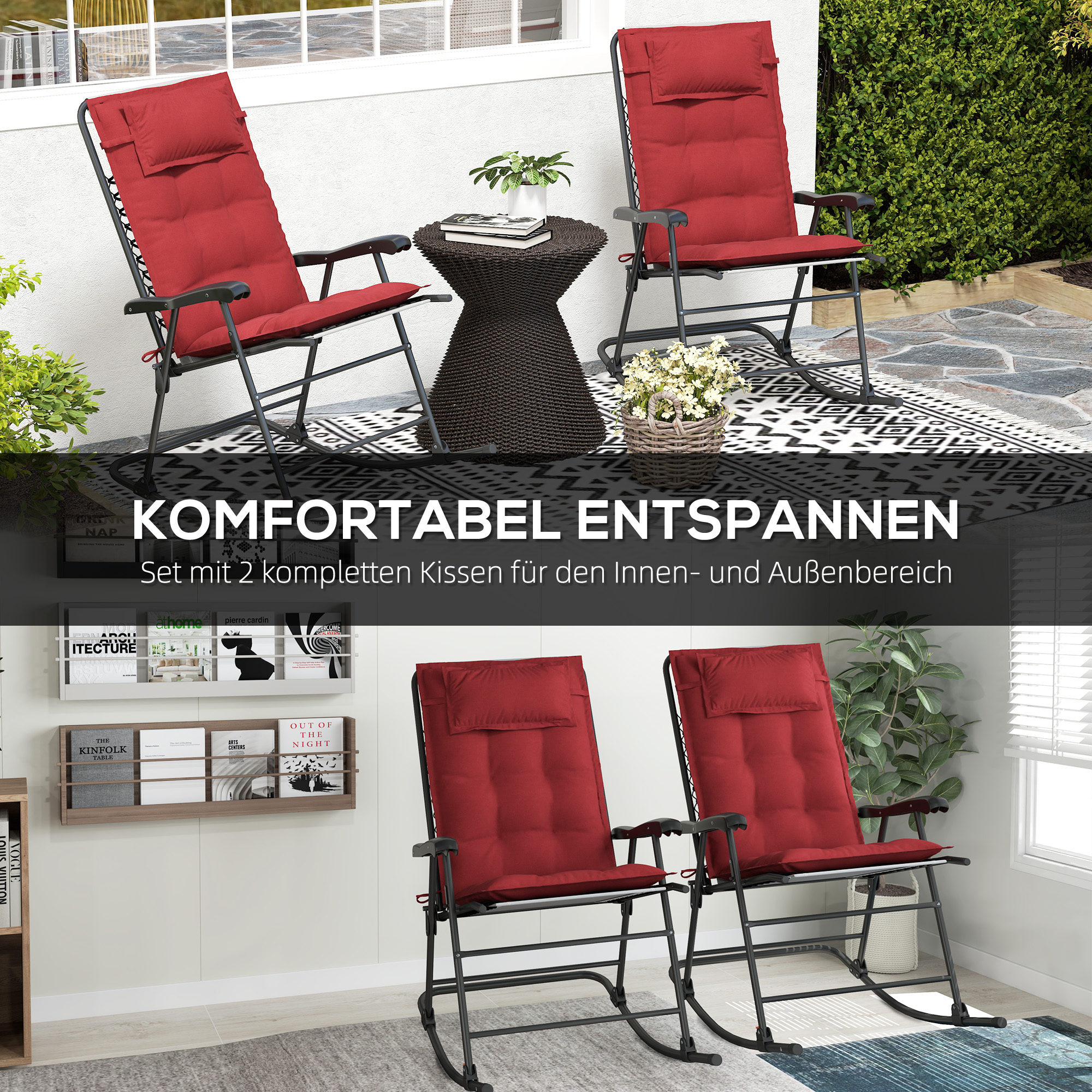 2er Set Auflage für Sonnenliege Wasserabweisend Liegenauflage für Gartenliege Polsterauflage 50x116x5 cm, Weinrot