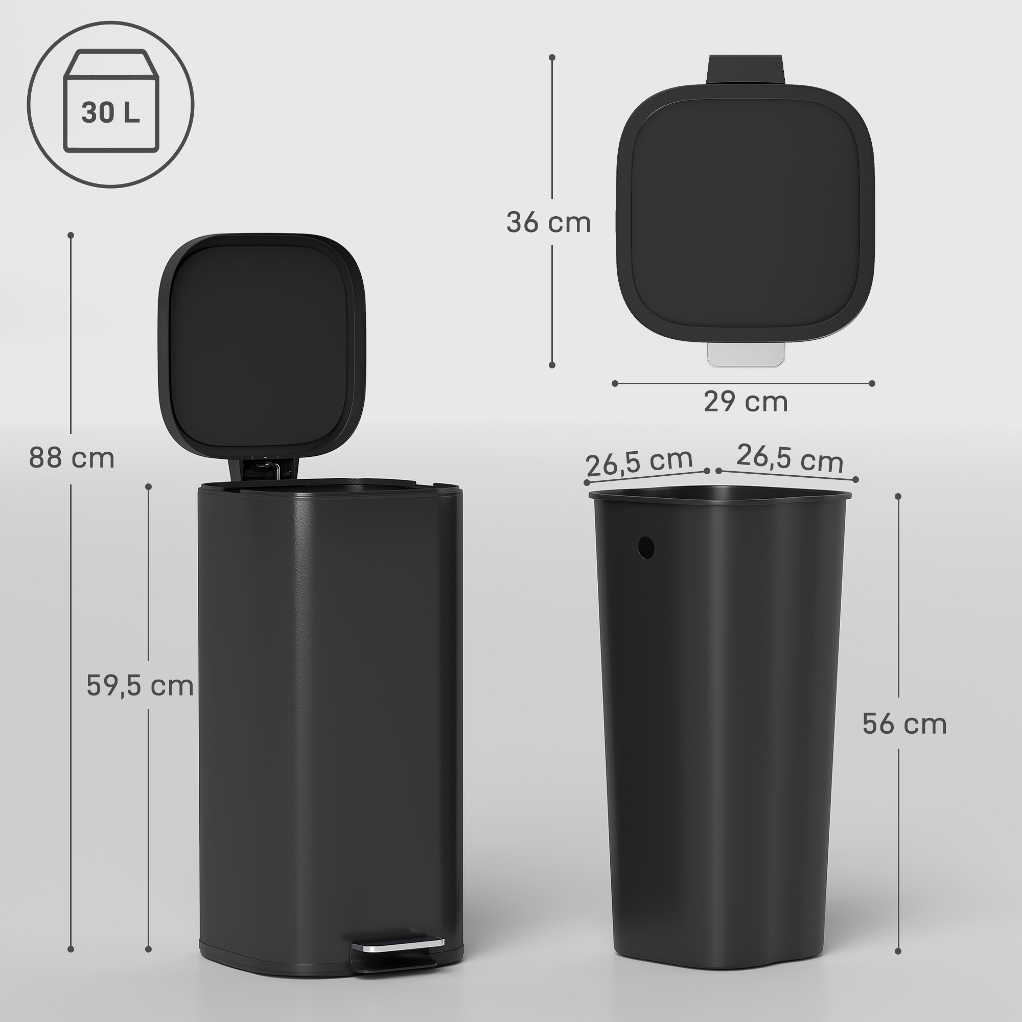 30L Küchenmülleimer Pedaleimer mit Deckel, Soft-Close- und Offenhalte-Funktion für Küche, Zuhause