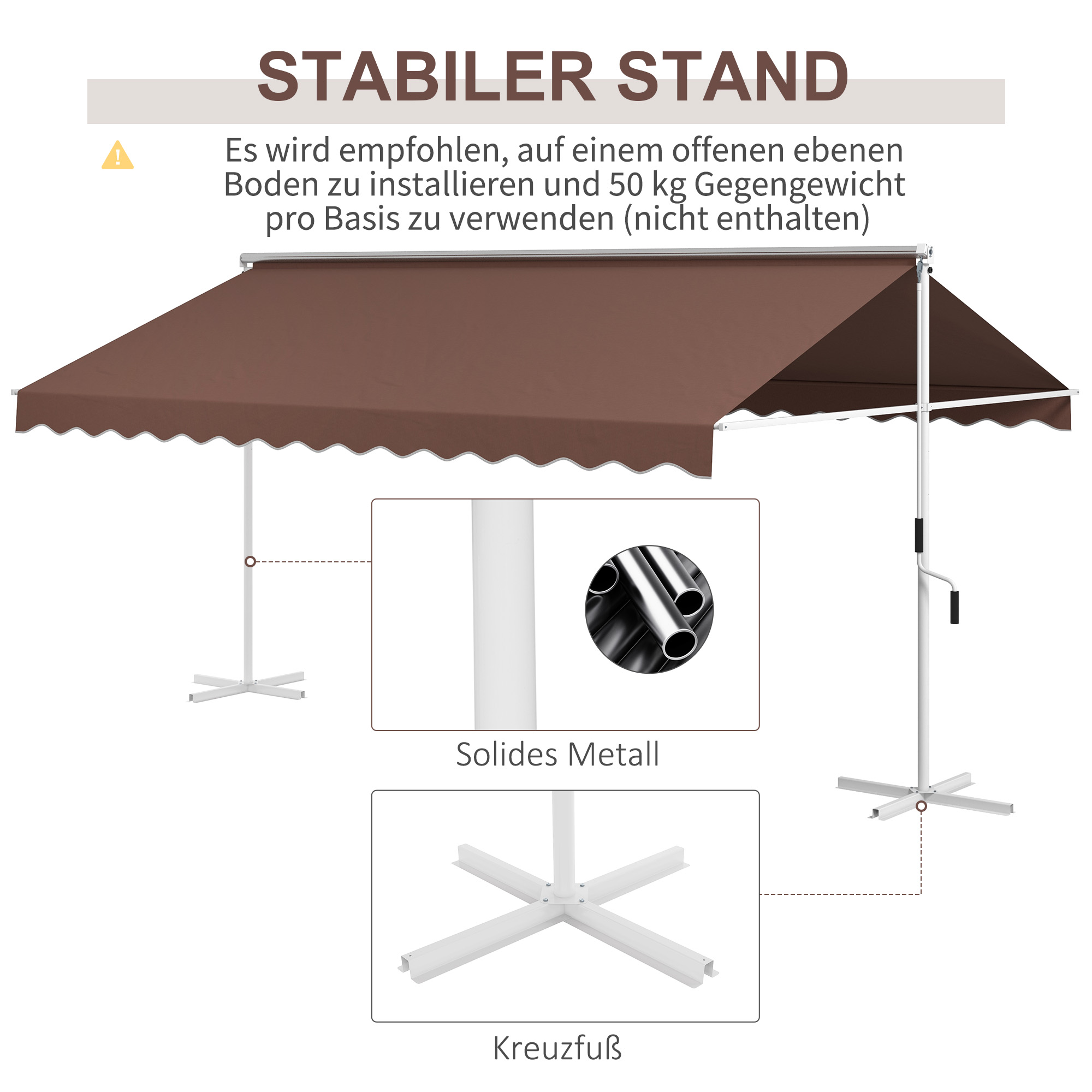Freistehende Markise 4,5x3,4m, neigungsverstellbar, Kurbel, Metallgestell, Braun