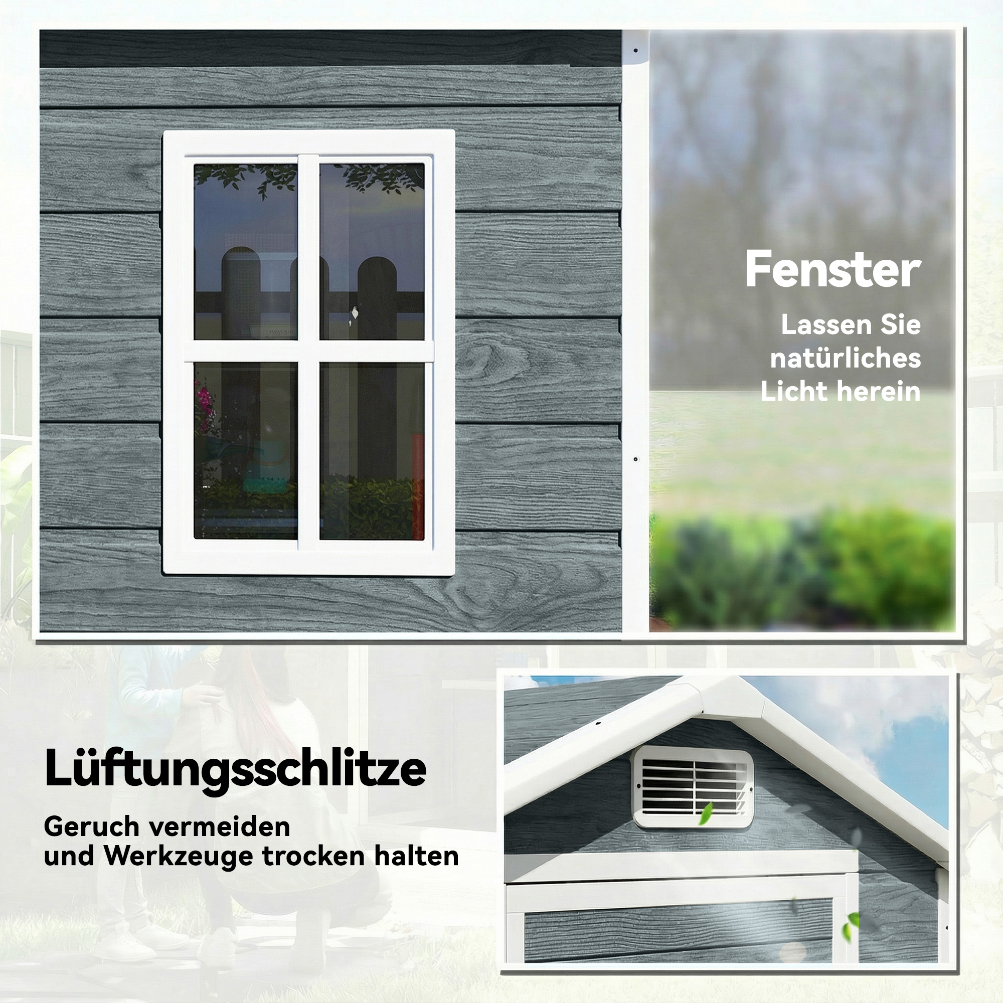 Gerätehaus 1,1 m² Geräteschuppen mit Holzoptik Fenster Satteldach Belüftung Boden Schloss Handschuhe Grau