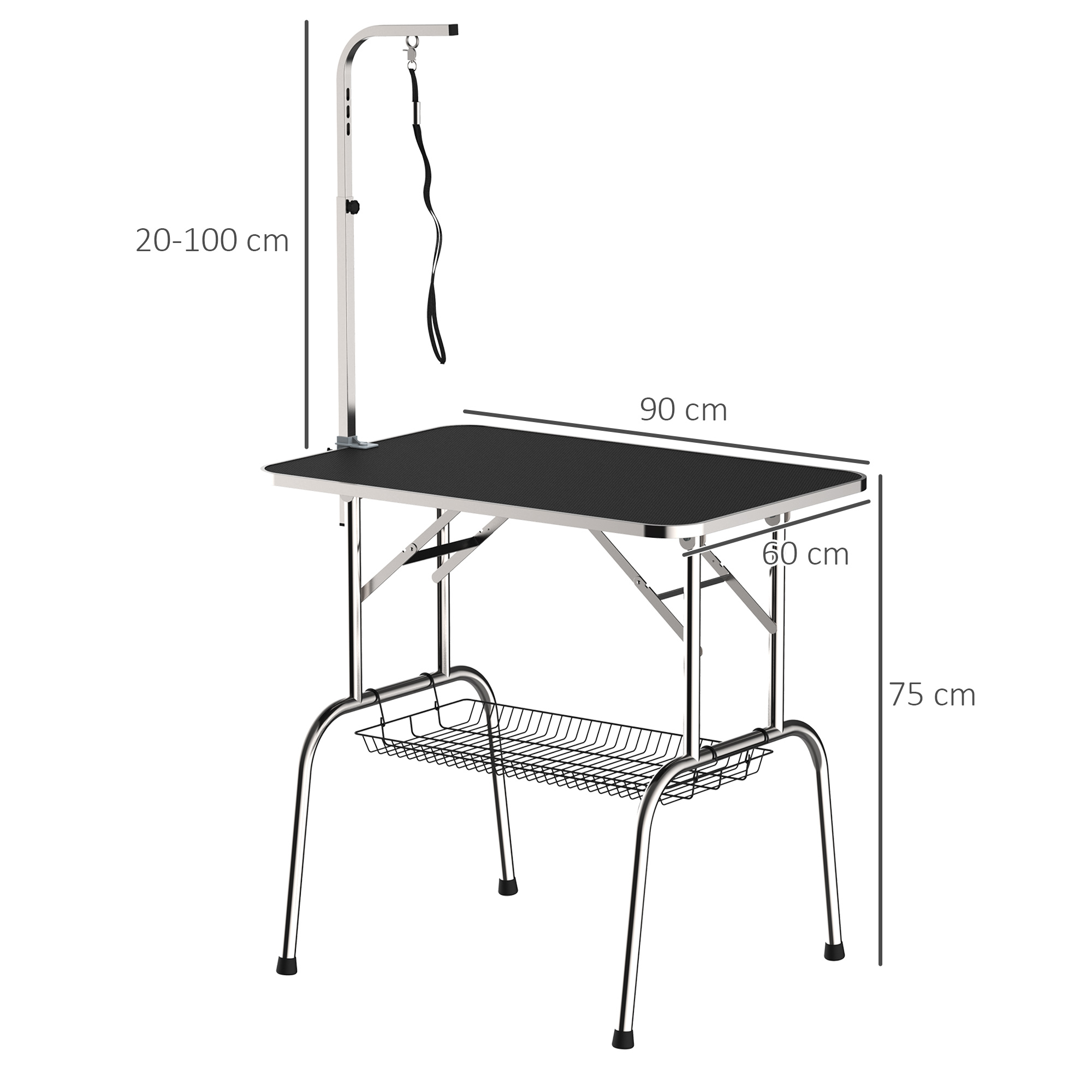 Trimmtisch für Hunde Hundepflegetisch klappbar, Haustierpflegetisch mit höhenverstellbarem Galgen, Schlingen, Netzkorb, Schertisch bis 150 kg, 90 x 60 x 75 cm, Schwarz