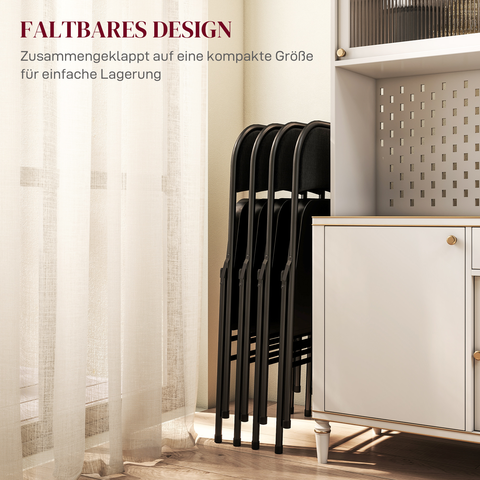 4er-Set Klappstühle, Tragbare Bürostühle, Metallbeine, Faltstuhl für Büro, Empfang, Wartezimmer, Leinenoptik, Schwarz