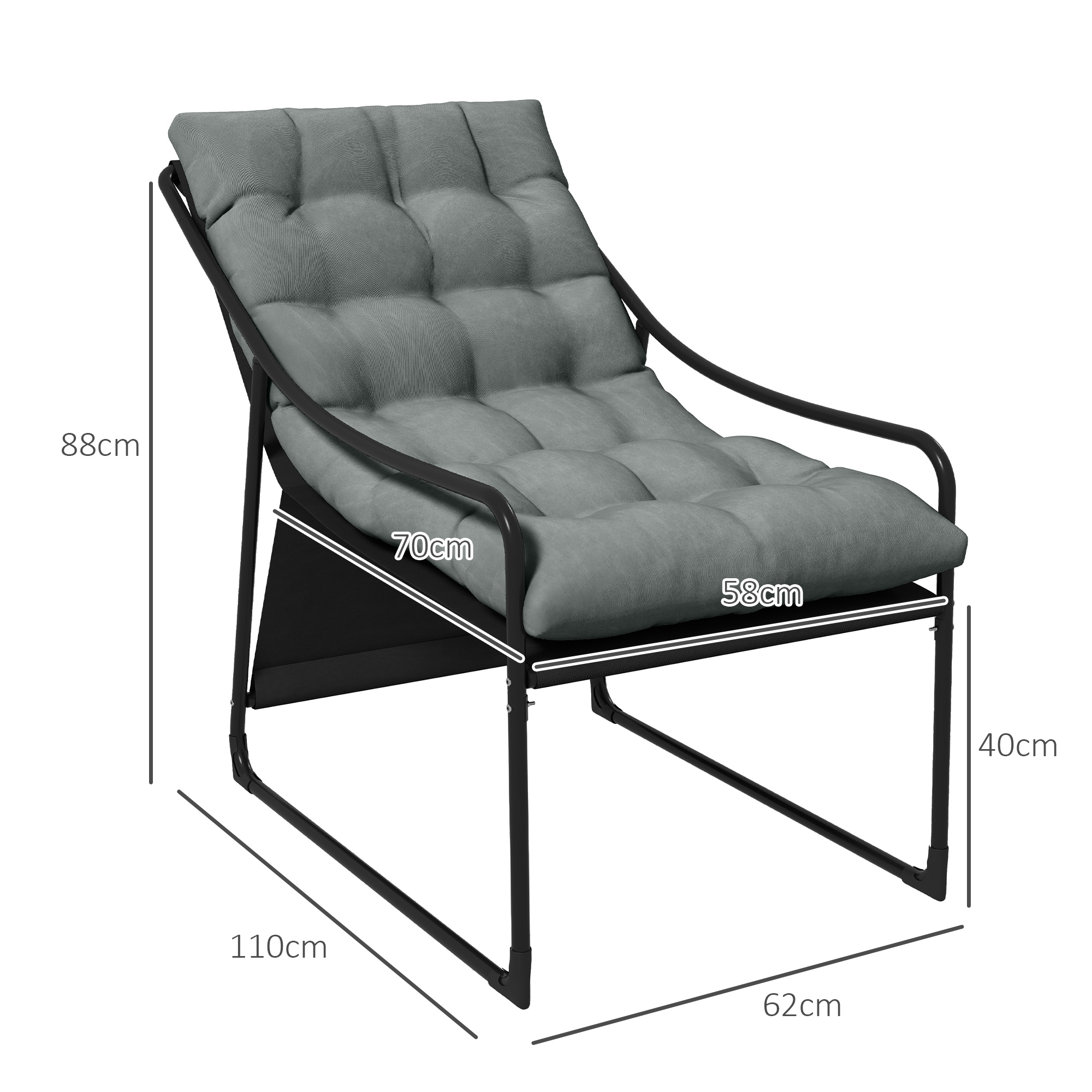Outdoor Lounge, dicke Polsterung, rostfreier Stahlrahmen, 62B x 110T x 88H cm, Grau/Schwarz