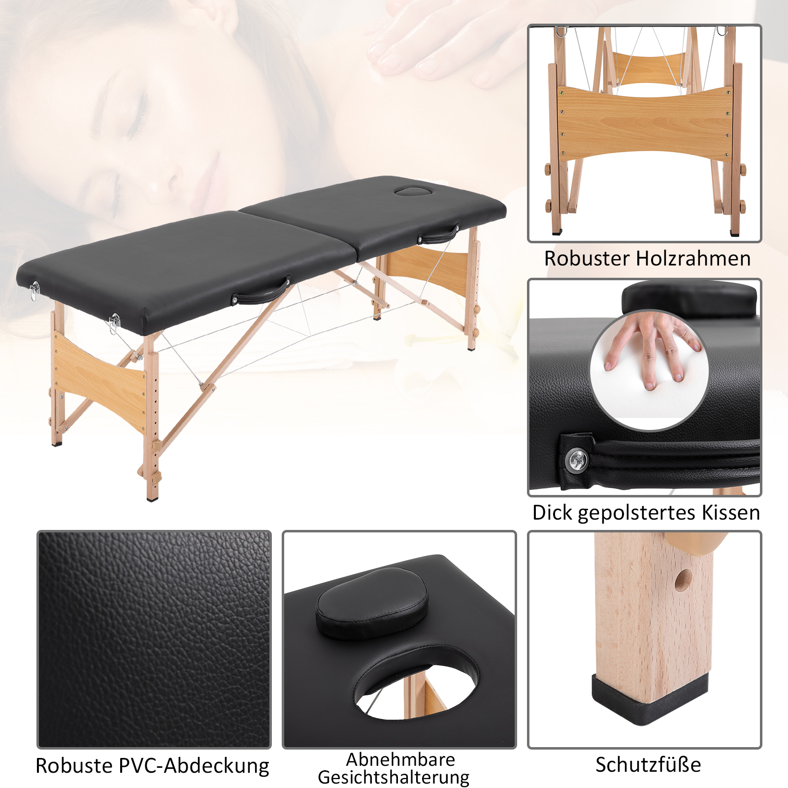 Massageliege 3 Zonen klappbar Massagetisch mit Kopfstütze Armlehne Tragetasche Holzfüßen höhenverstellbare Massagebett tragbar Kosmetikliege für Tattoo Spa Salon Schwarz