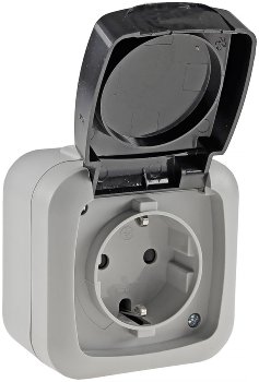 Feuchtraum Steckdose, IP44, 250V~/ 16A, inkl. AP-Rahmen, grau