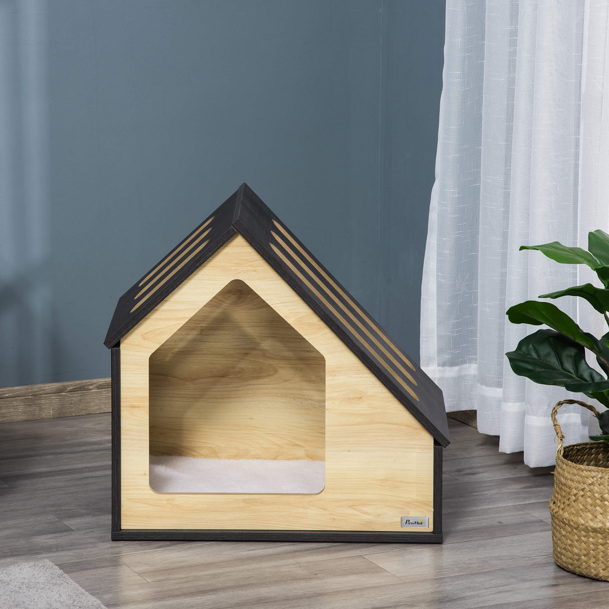 Hundehütte Indoor Hundehöhle mit Kissen Hundehaus Hundehöhle mit schrägem Dach Katzenhaus für kleine Hunde bis 8 kg 60 x 40 x 59,2 cm, Braun