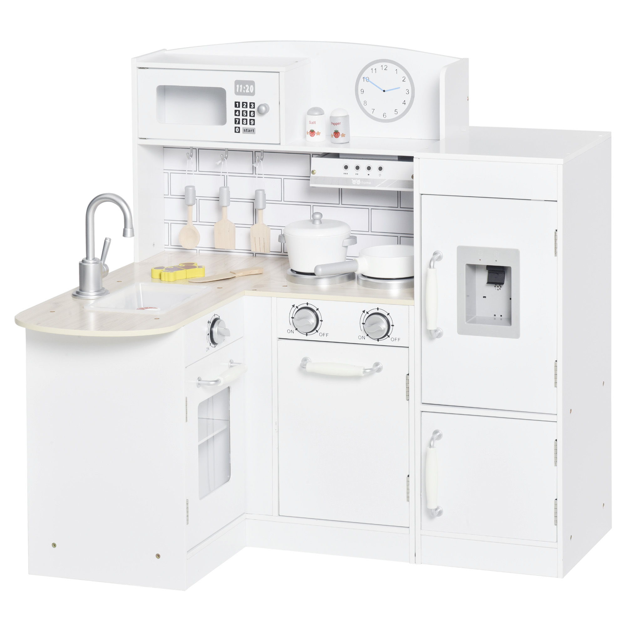 Spielküche, 14-tlg. Zubehör, elektr. Wasserspender, 86 x 64 x 84,5 cm, Weiß Spielküche, 14-tlg. Zubehör, elektr. Wasserspender, 86 x 64 x 84,5 cm, Weiß