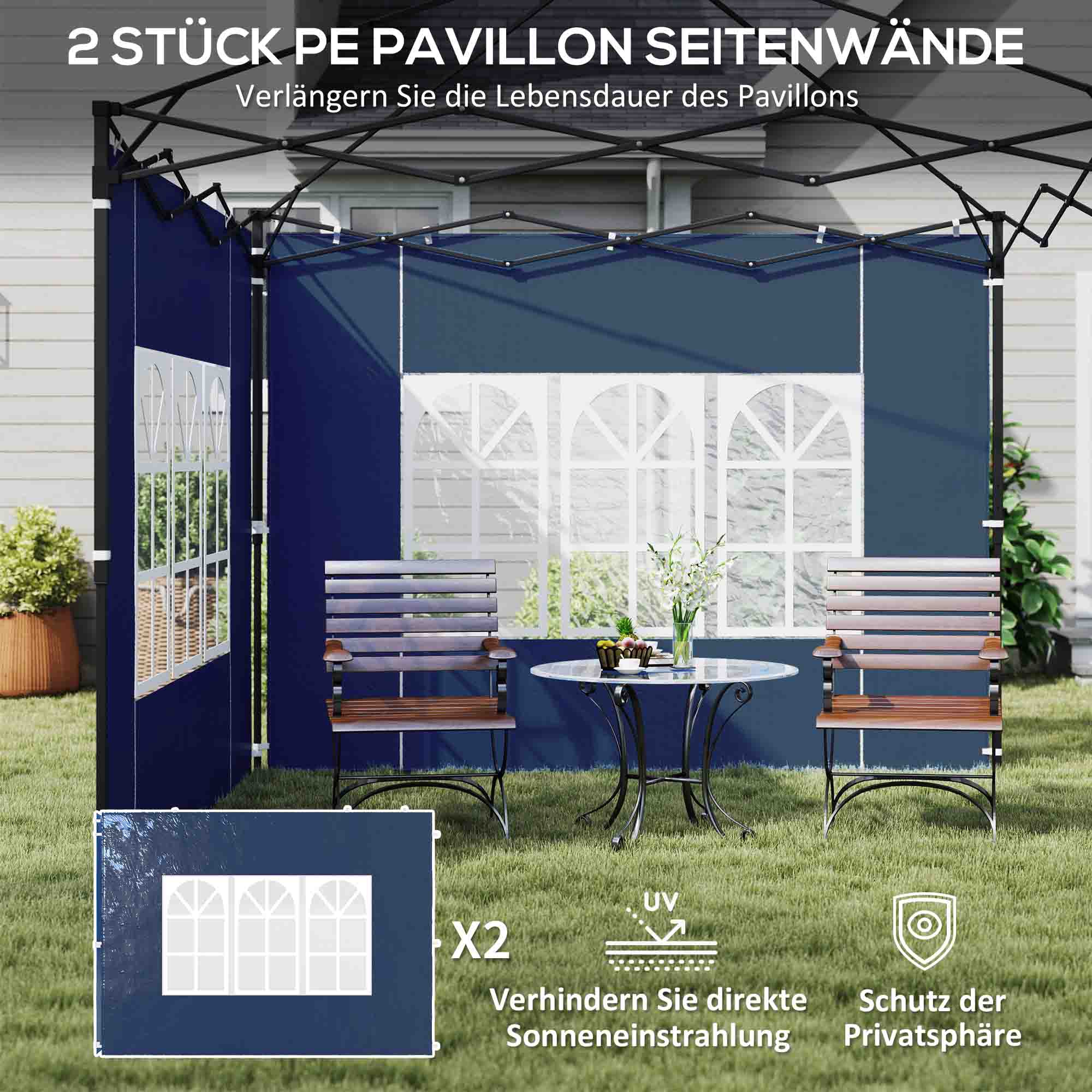 2er Set Seitenwände für Pavillon 3x3 3x6 Wasserdicht Seitenteile mit Fenster Blau