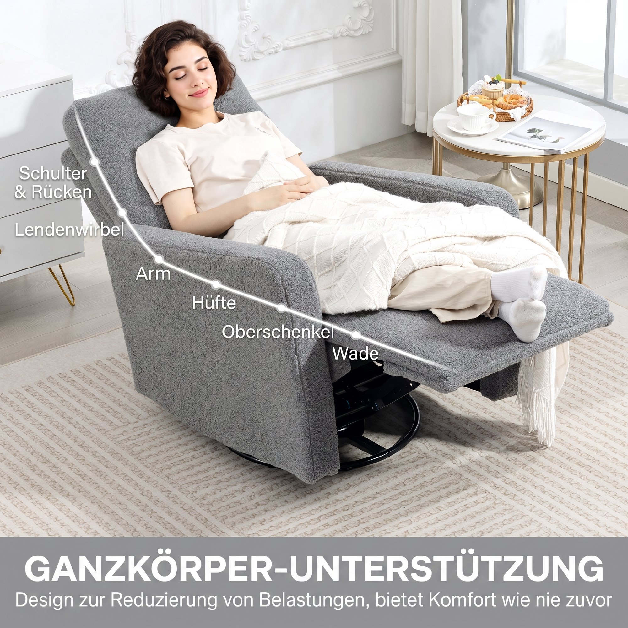 Recliner-Sessel, Entspannungssessel mit Fleece-Bezug, verstellbare Rückenlehne, Polstersessel, Stahl, Grau