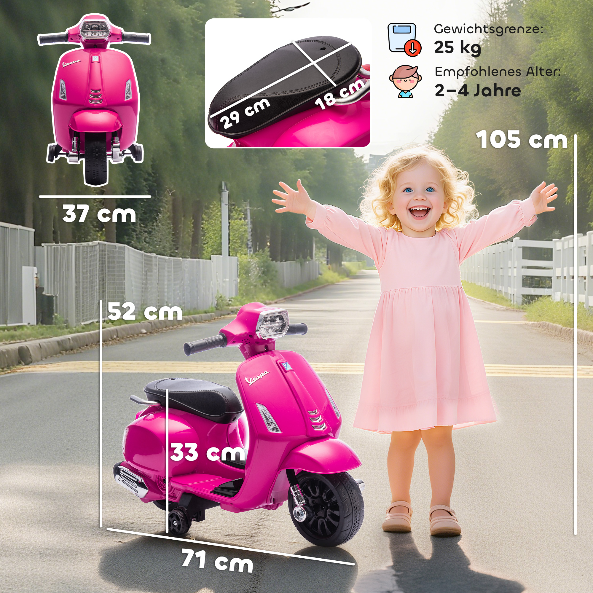 Elektro Motorrad Kinder Vespa 6V Elektromotorrad mit Stützrädern, Scheinwerfer, Hupe für 2-4 Jahre 71 x 37 x 52 cm Rosa