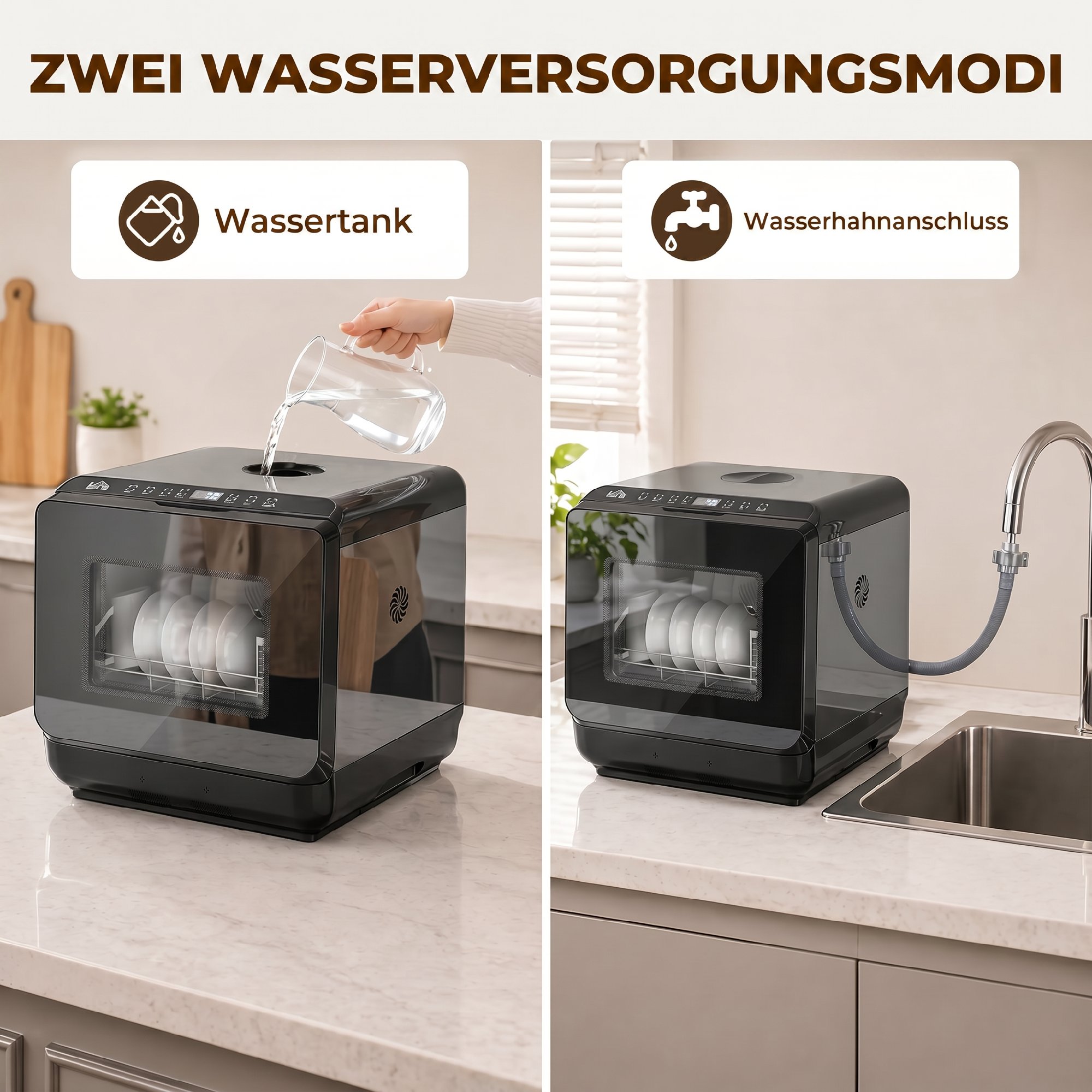 Tischgeschirrspüler, Mini-Geschirrspüler mit 6-Liter-Tank, 5 Programme, LED-Anzeige, Trocknungsfunktion, Schwarz