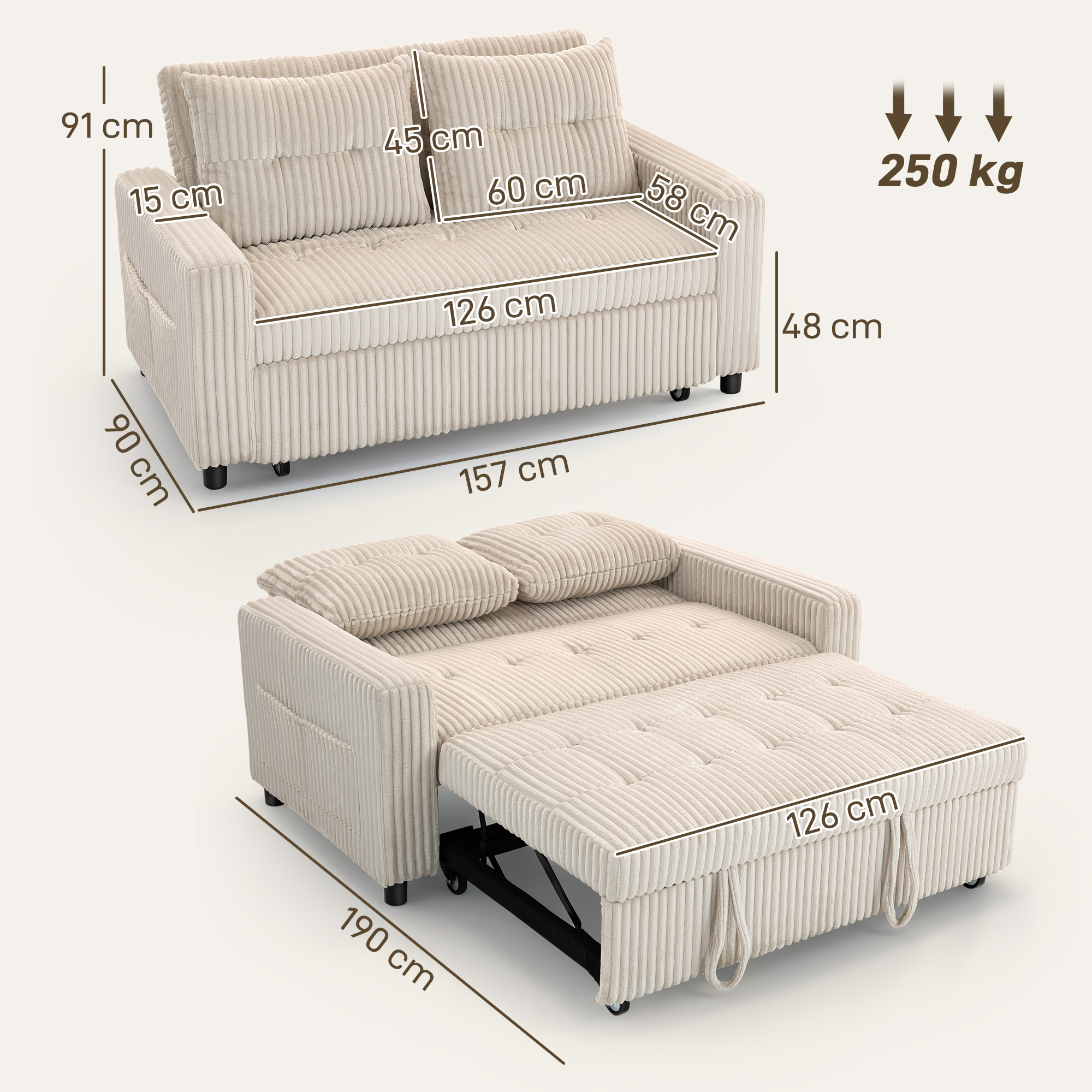 2-Sitzer Sofabett, Cordbezug, zum Schlafsofa umwandelbar, 2 Kissen, Seitentaschen, 157 x 190 cm, Cremeweiß