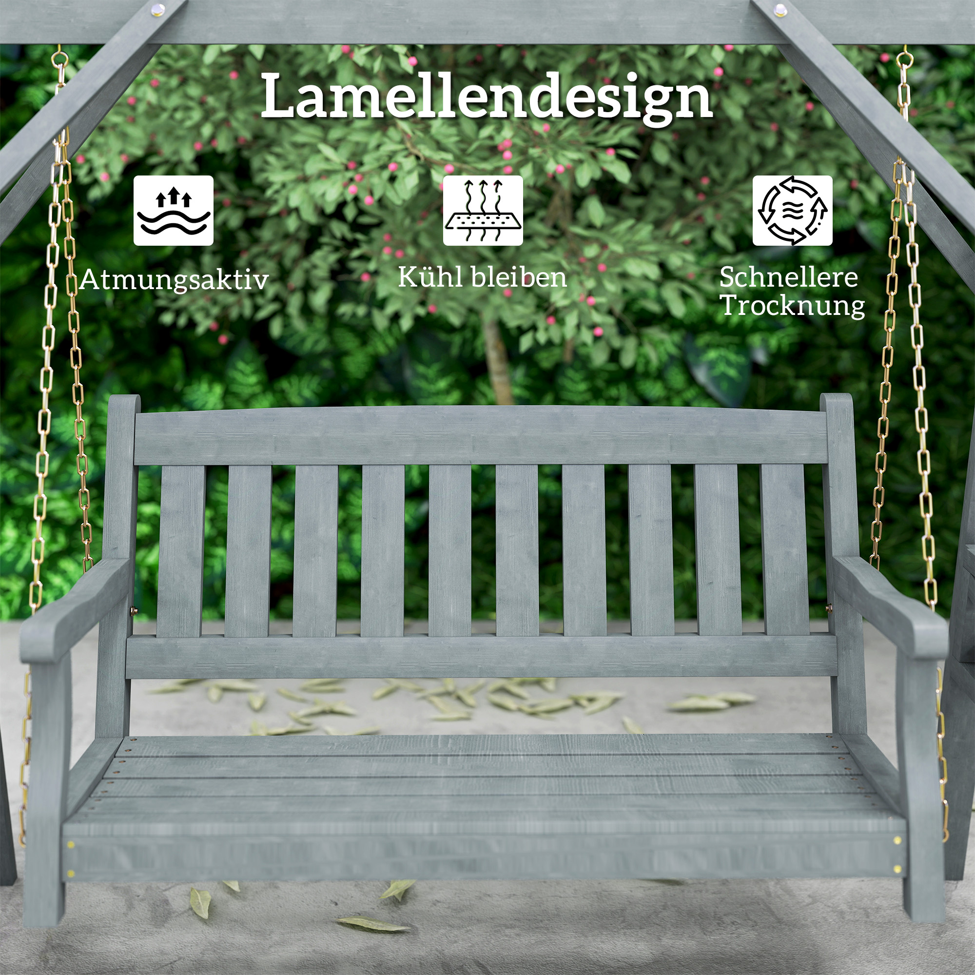 2-Sitzer Gartenschaukel, Holzschaukelbank mit Ablagen, Getränkehalter und Metallketten, Grau