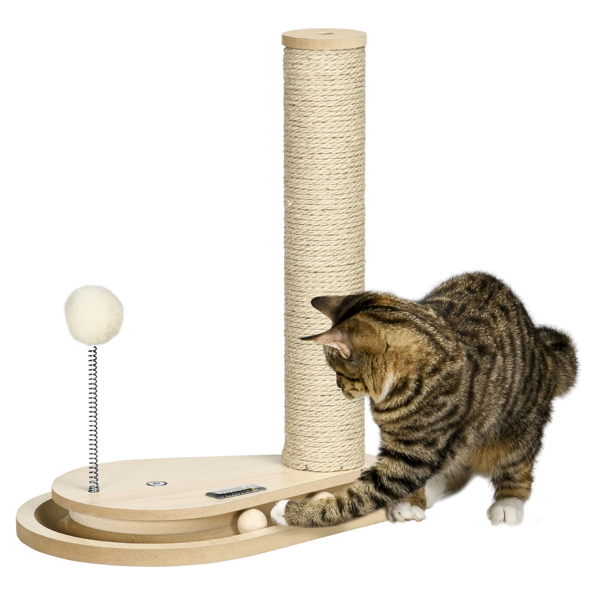 Kratzbaum für Kitten inkl. Spielzeug, Kugelbahn, Kugel mit Feder, 35 cm x 23 cm x 40 cm, Natur