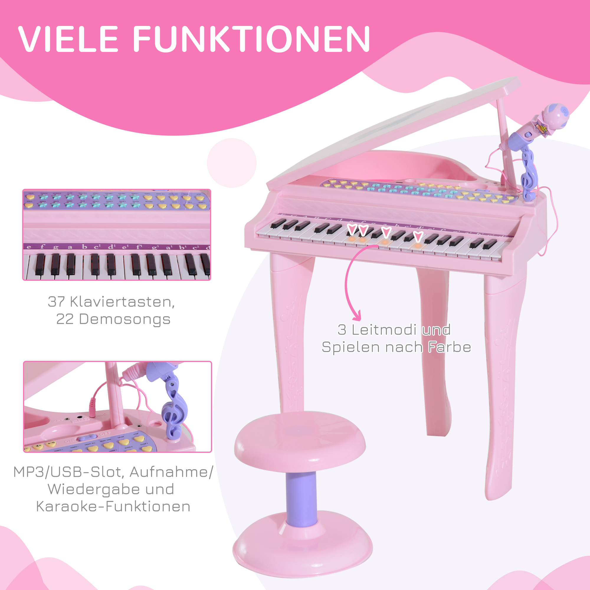 Keyboard Kinder mit 37 Tasten, Hocker Klavier mit Mikrofon, LED-Lehrmodus, Aufnahme, Piano Musikinstrument für 3-6 Jahre Kinder Rosa