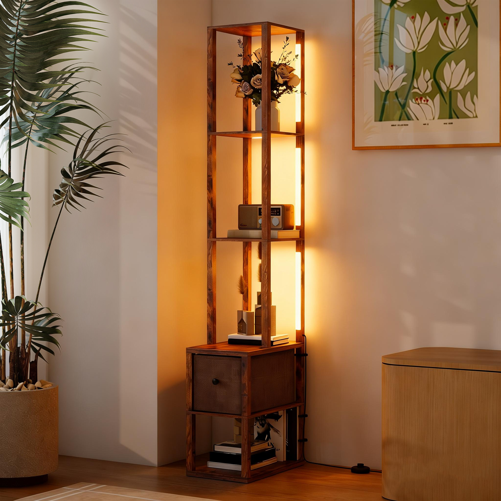 LED-Stehlampe mit Regalen, einstellbare Helligkeit, Fußschalter für Schlafzimmer, Rustikales Braun