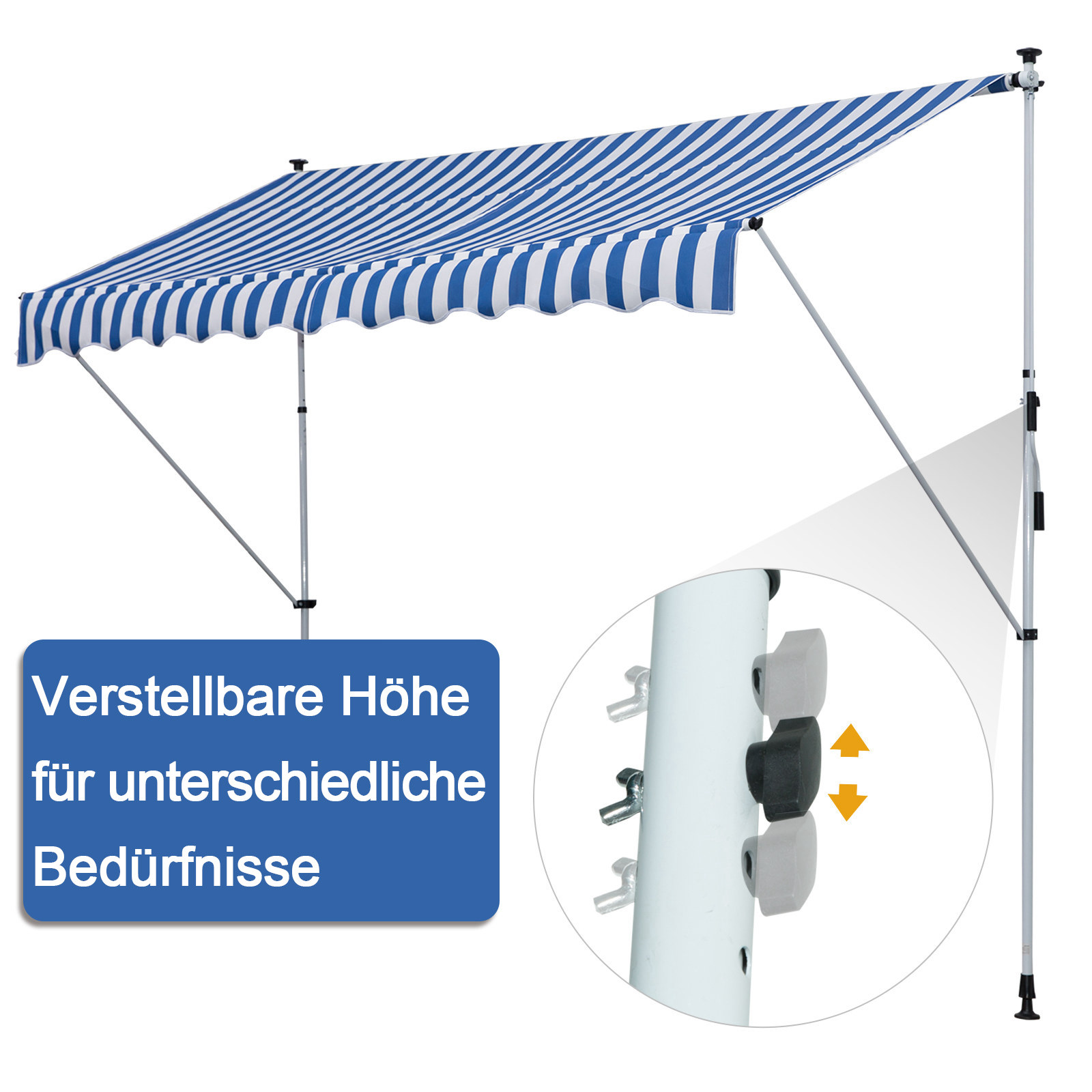 Klemmmarkise mit Handkurbel höhenverstellbar Gelenkarmmarkise schmutzabweisend, witterungsbeständig Balkonmarkise 150cm breit Terrassenmarkise für Terrasse Balkon Veranda Blau+Weiß