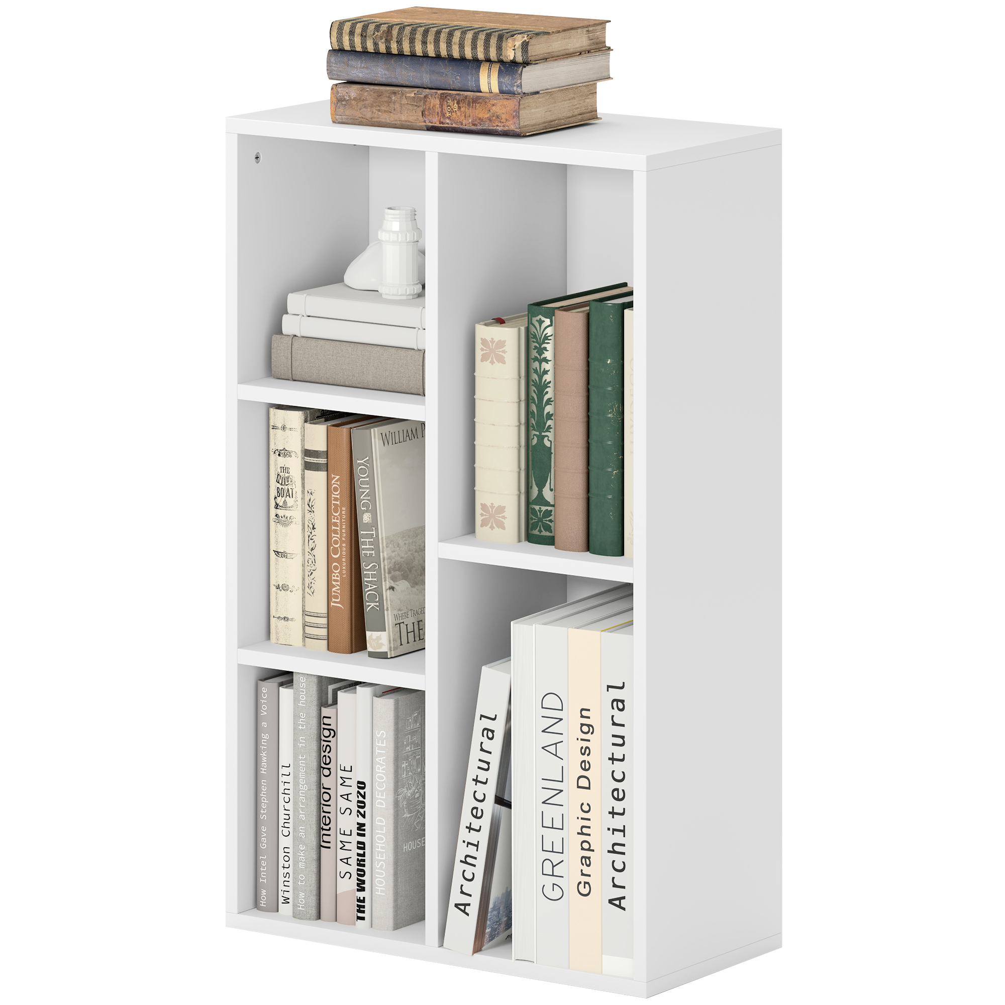 2-Ebenen-Bücherregal, 5 Fächer, Spanplatte, Aufbewahrungsregal, Weiß 2-Ebenen-Bücherregal, 5 Fächer, Spanplatte, Aufbewahrungsregal, Weiß