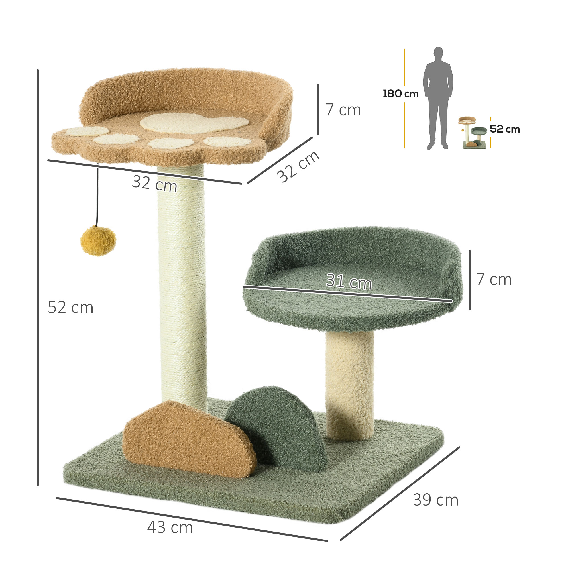 Kleiner Kratzbaum mit 2 Liegeflächen, inkl. Spielzeug, für kleine Katzen, Grün Beige+ Braun