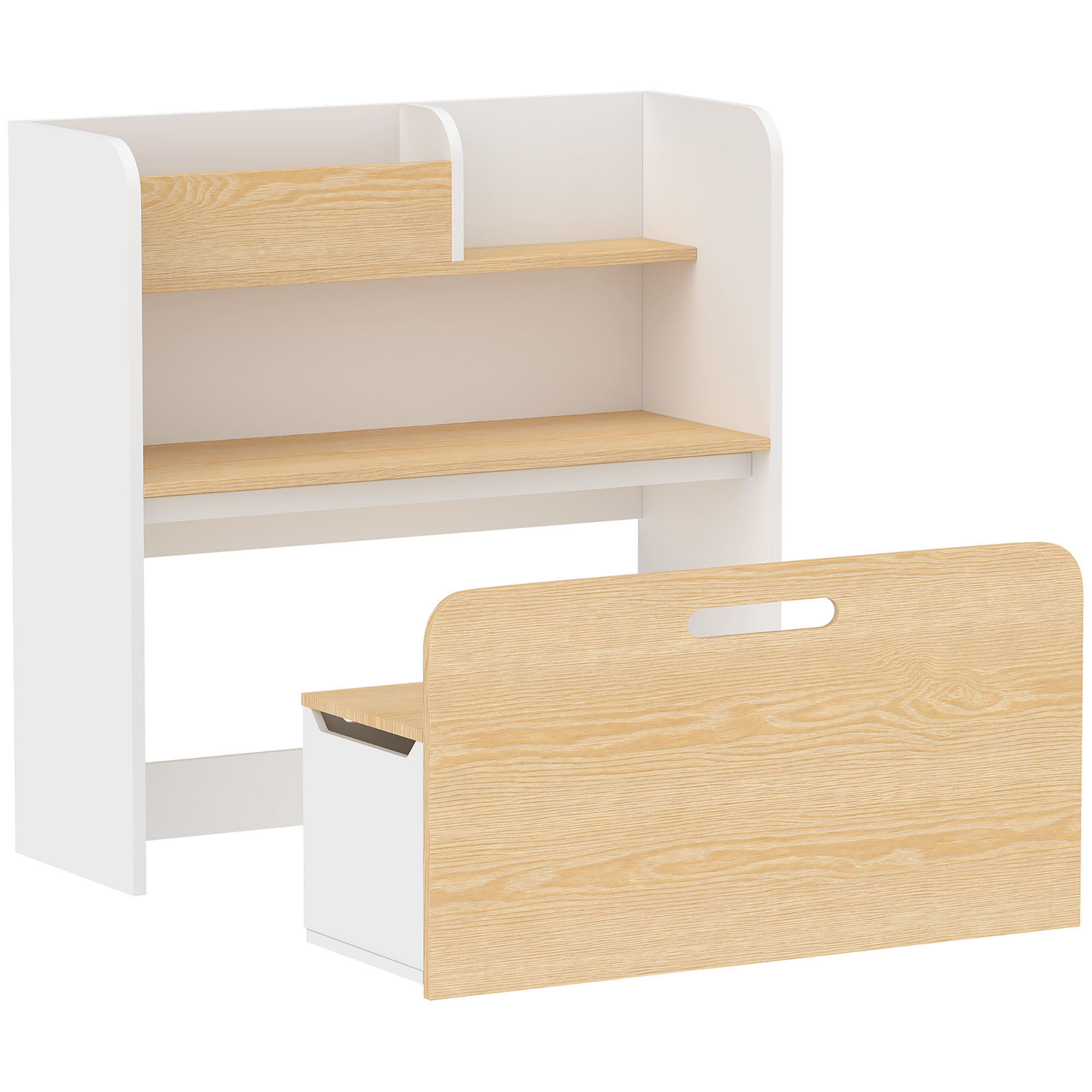 Kindertisch mit Sitzbank 5-in-1 Kindersitzgruppe mit Bücherregal, rollbar Kindertruhenbank mit Aufbewahrungsbox für 3-8