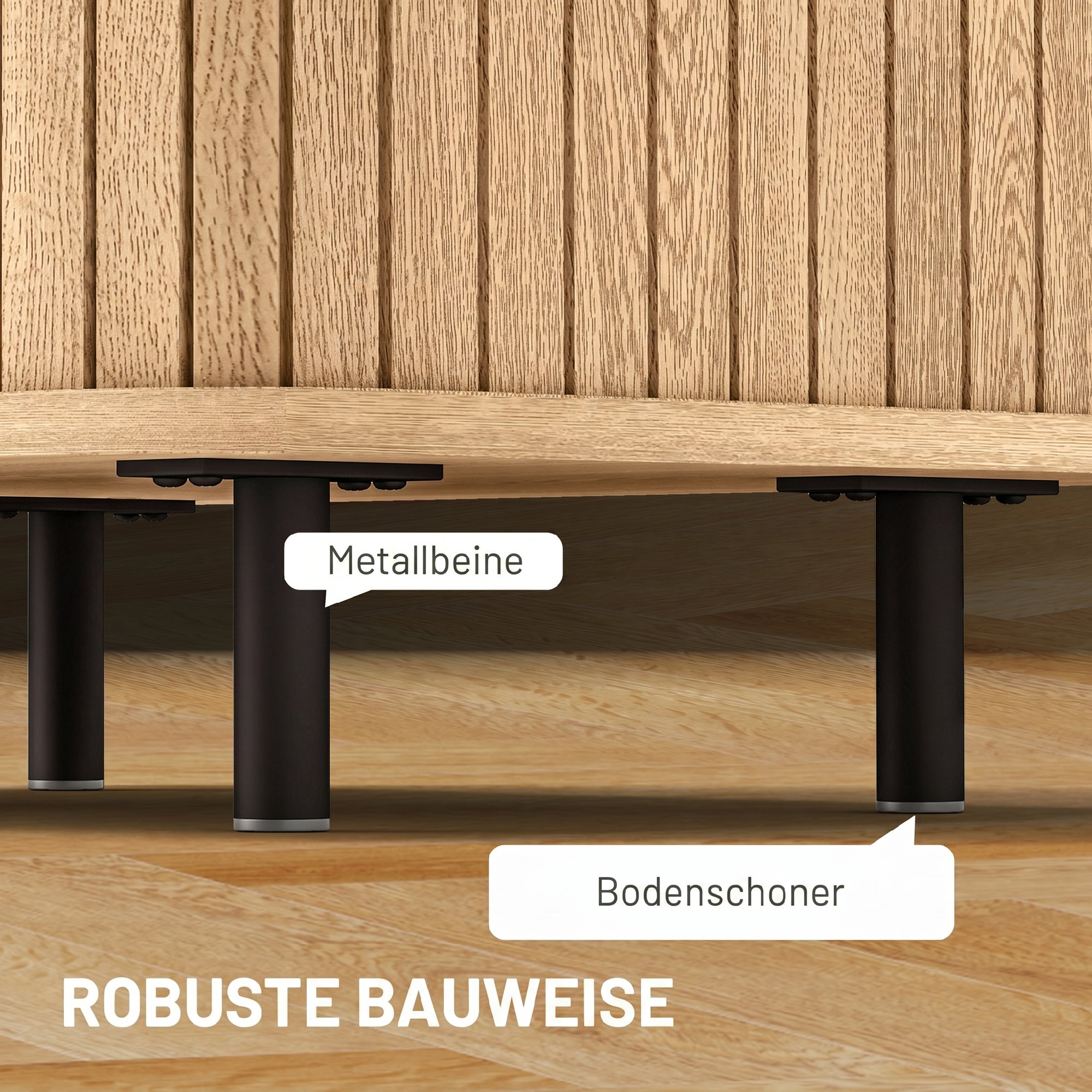 Nachttisch Beistelltisch mit Lamellentüren und Stahlbeinen, für Schlafzimmer und Wohnzimmer, Eiche