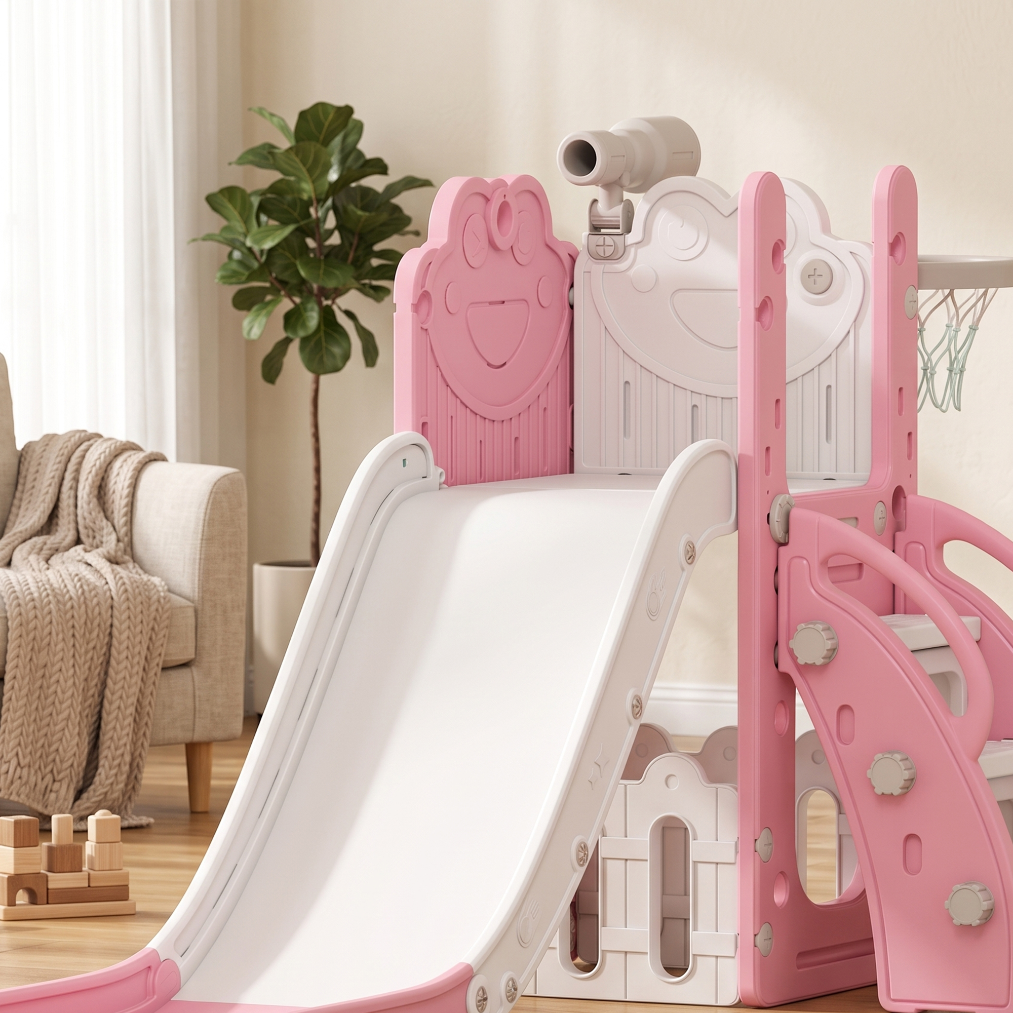 5-in-1 Kinderrutschenset, Teleskop, Basketballkorb, HDPE, Kunststoff, Rosa+Weiß