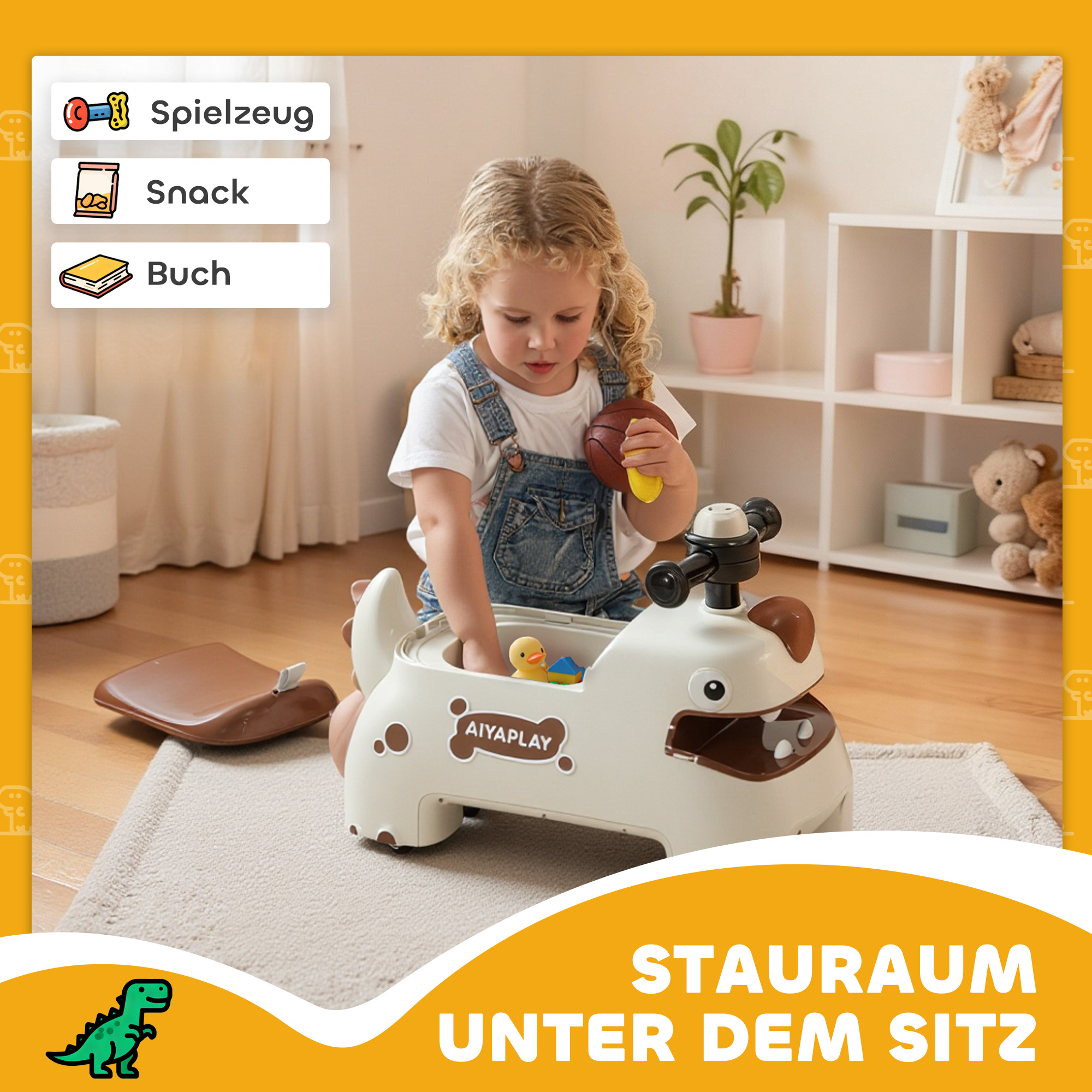 Ruschauto, Dino-Design, Lenkrad, Lichter, Geräusche, 4 Räder, Cremeweiß+Braun