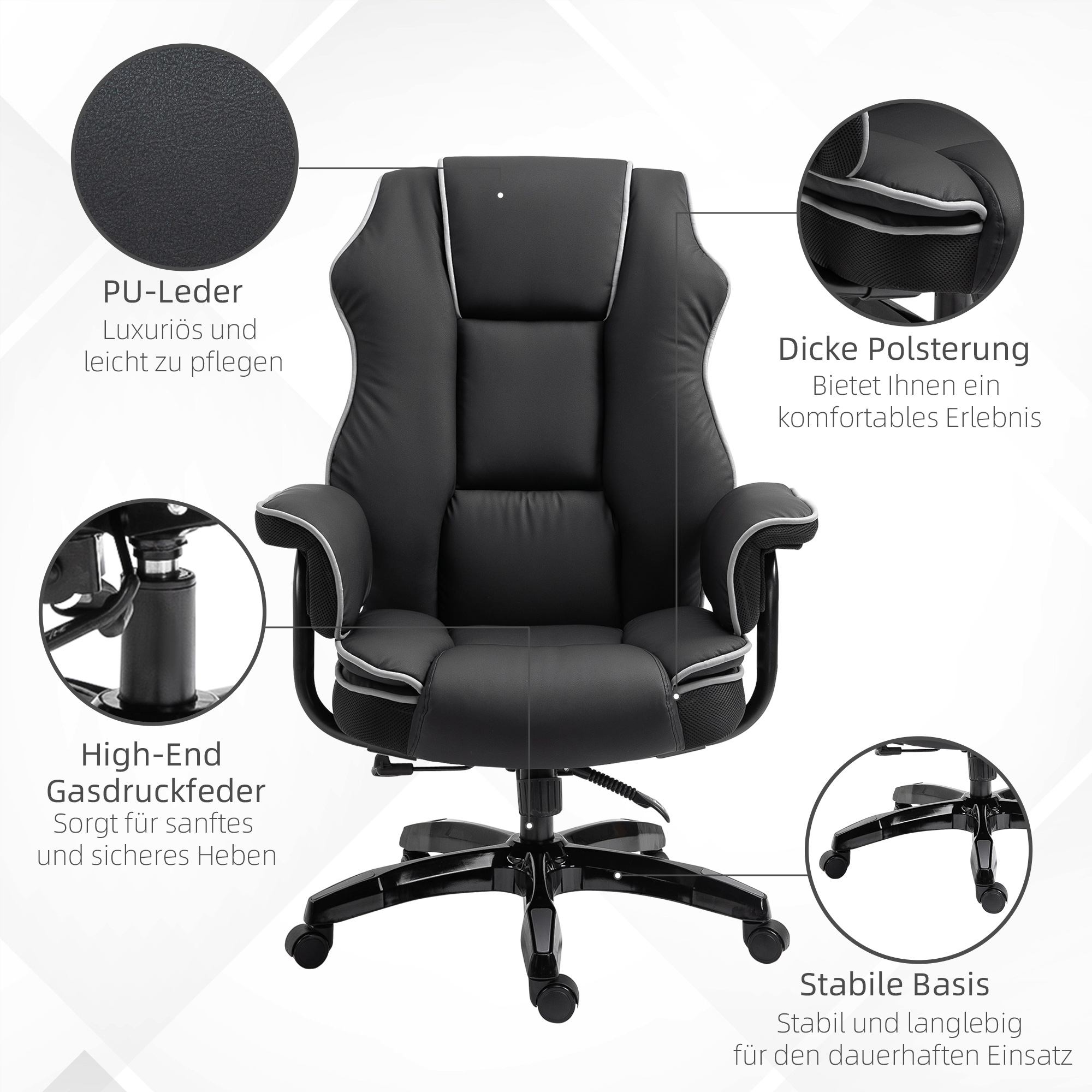 Bürostuhl, Ergonomisch Schreibtischstuhl mit Liegefunktion, Drehfunktion, Höhenverstellbar Computerstuhl für Home-Office, Kunstleder, Schwarz