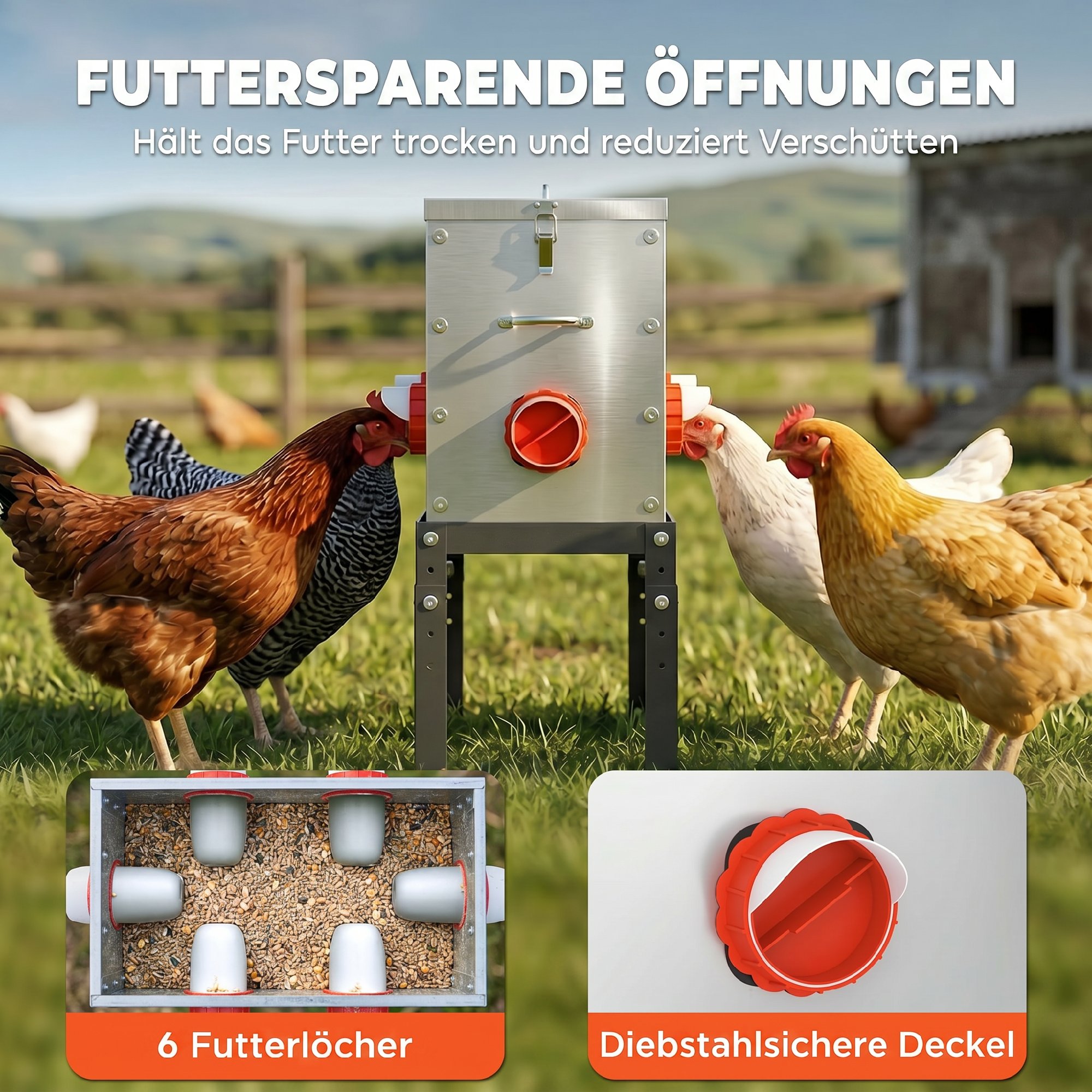Futterautomat Hühner 18 kg Füllmenge mit abschließbarer Deckel verstellbarer Beine 6 Öffnungen 42x25x55,5 cm Silber