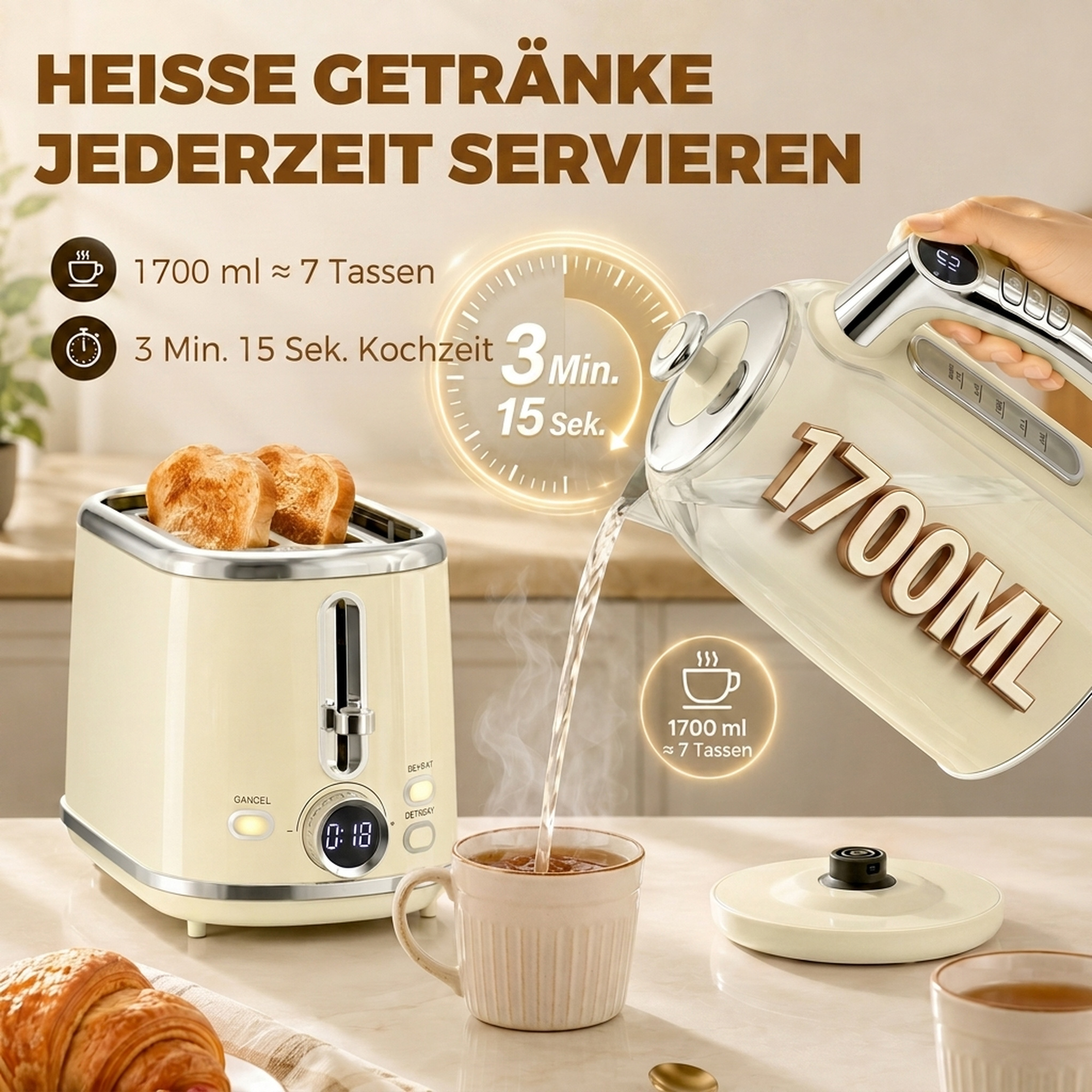 Wasserkocher- und Toaster-Set mit LED-Display, 1,7-L-Wasserkocher mit 3 Std. Warmhaltefunktion, Creme