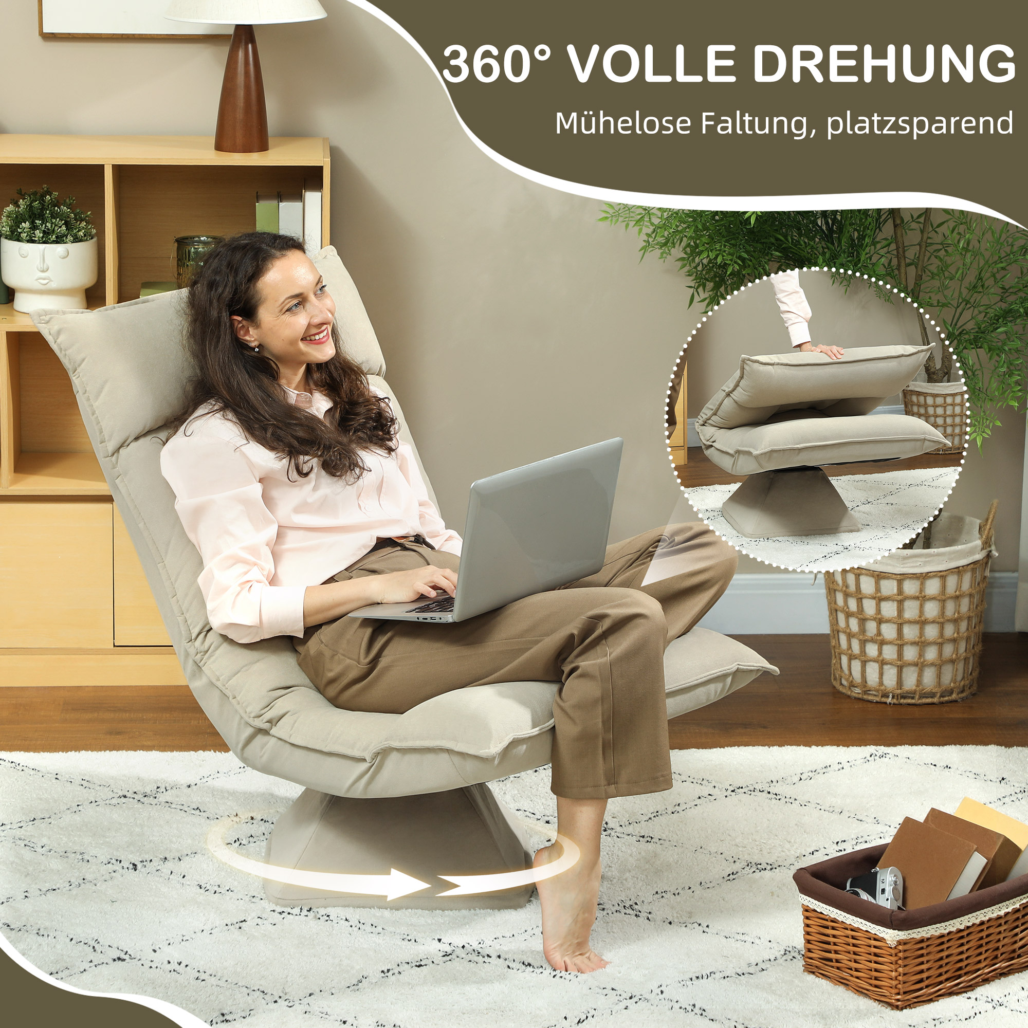 Bodensessel mit 5-fach verstellbarer Rückenlehne, drehbar, moderner Polsterstuhl, Beige