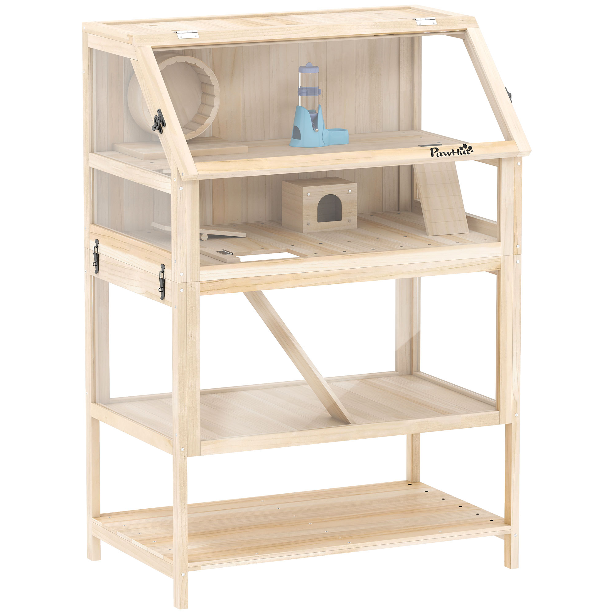 Hamsterkäfig aus Holz 3 Etagen Nagerkäfig mit abnehmbar Boden Ablage Laufrad Wippe Rampe Hütte 80x53x117cm Naturholz