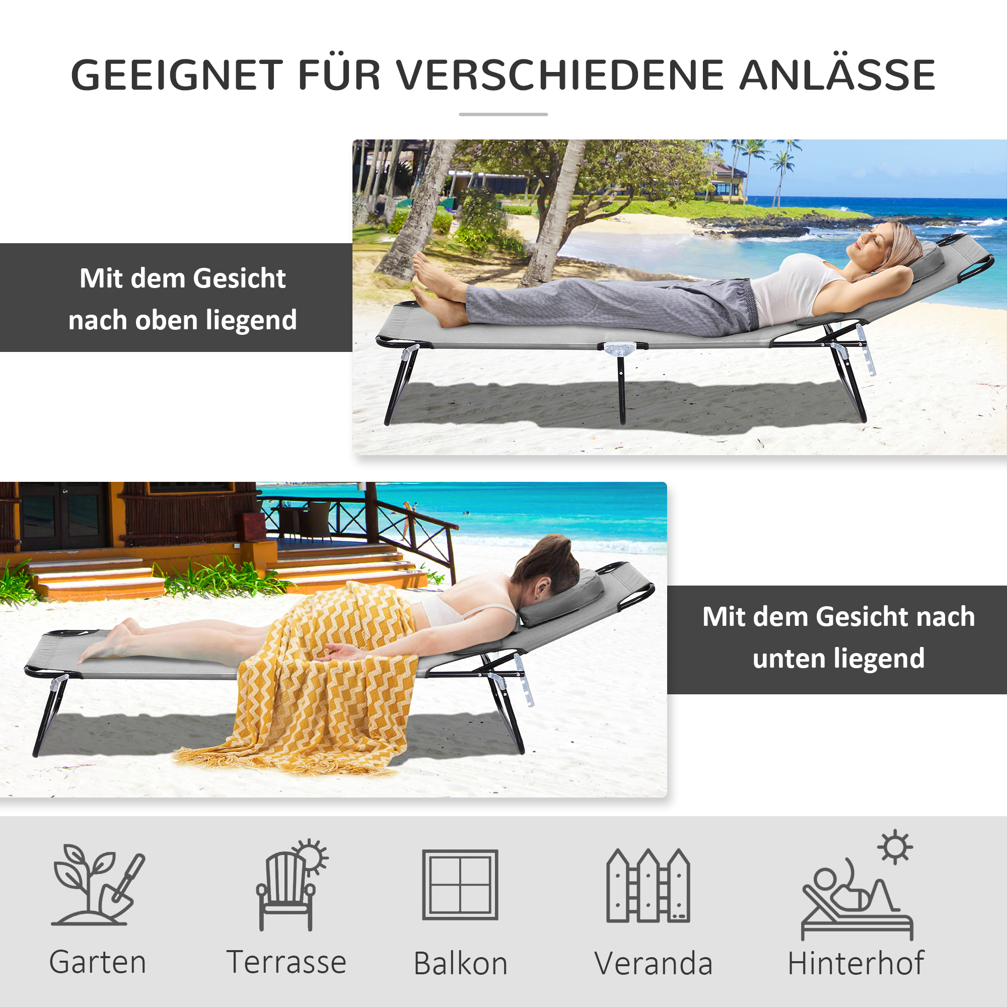 Sonnenliege mit Gesichtsloch & Kissen, klappbar, wasserabweisender Bezug, Metallrahmen, Dunkelgrau