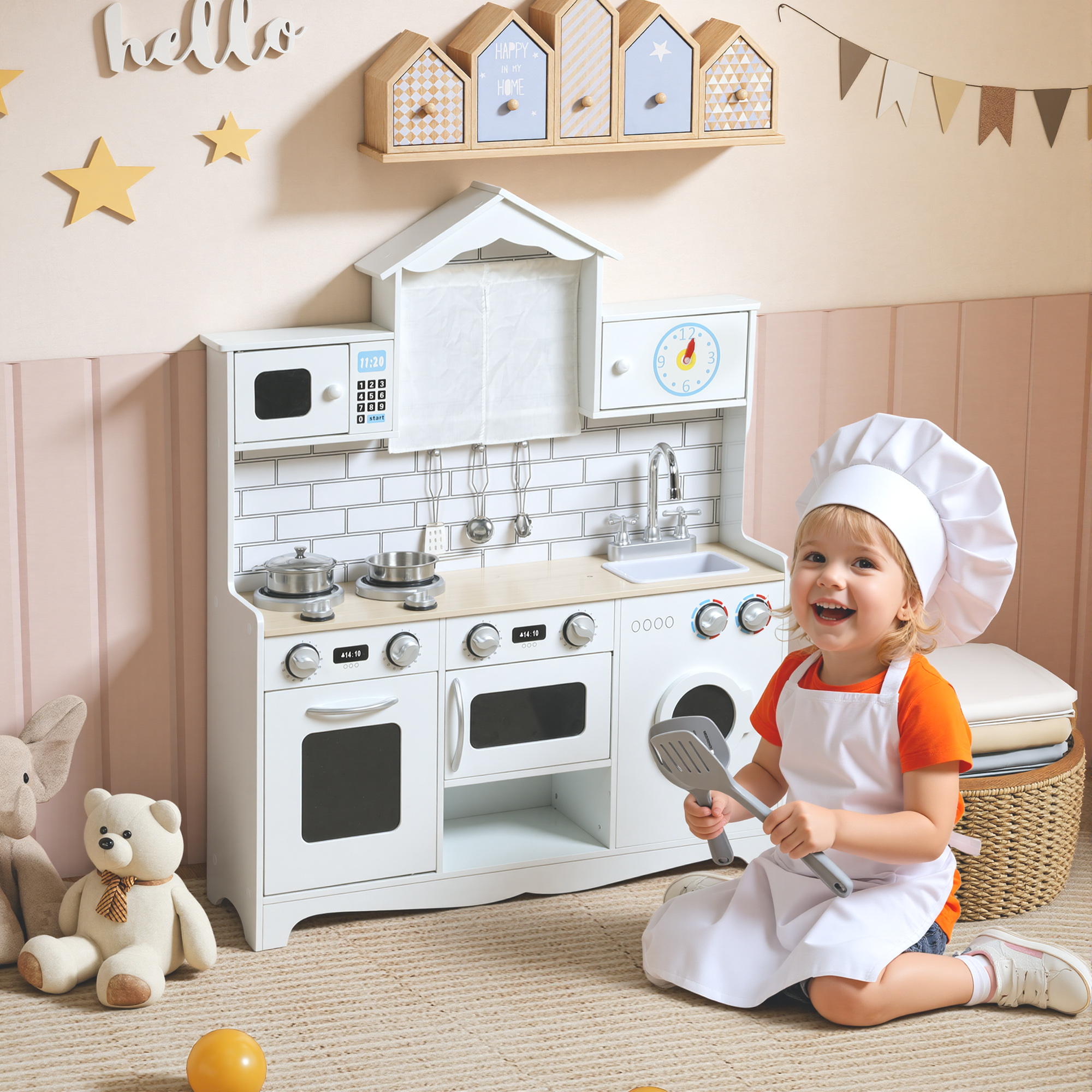 Kinderküche Spielküche mit Ofen Spüle Soundfunktion und Zubehör Geschenk für Mädchen Jungen 3-6 Jahren Weiß