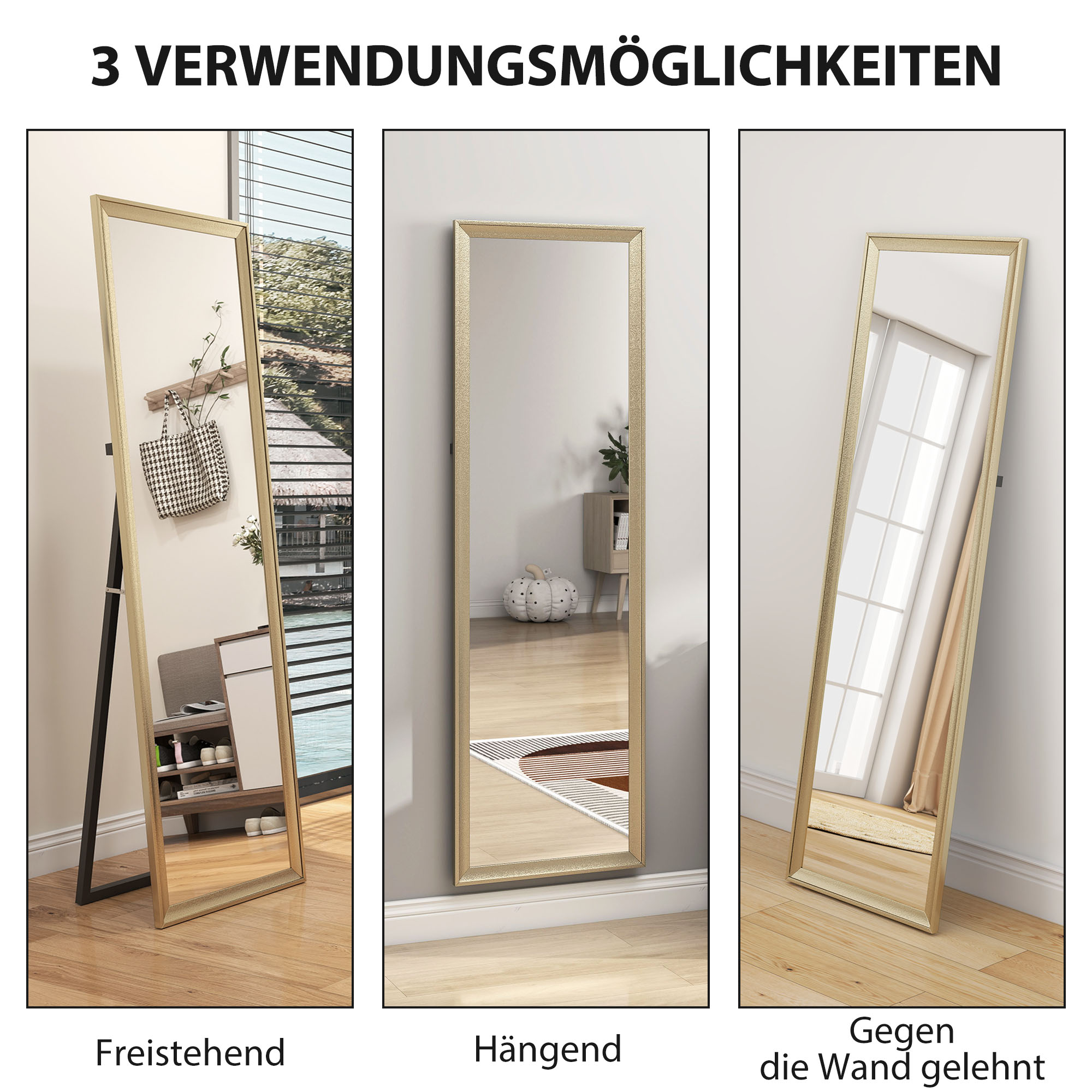 Ganzkörperspiegel, flexibel platzierbar, 160 x 50 cm, Goldton