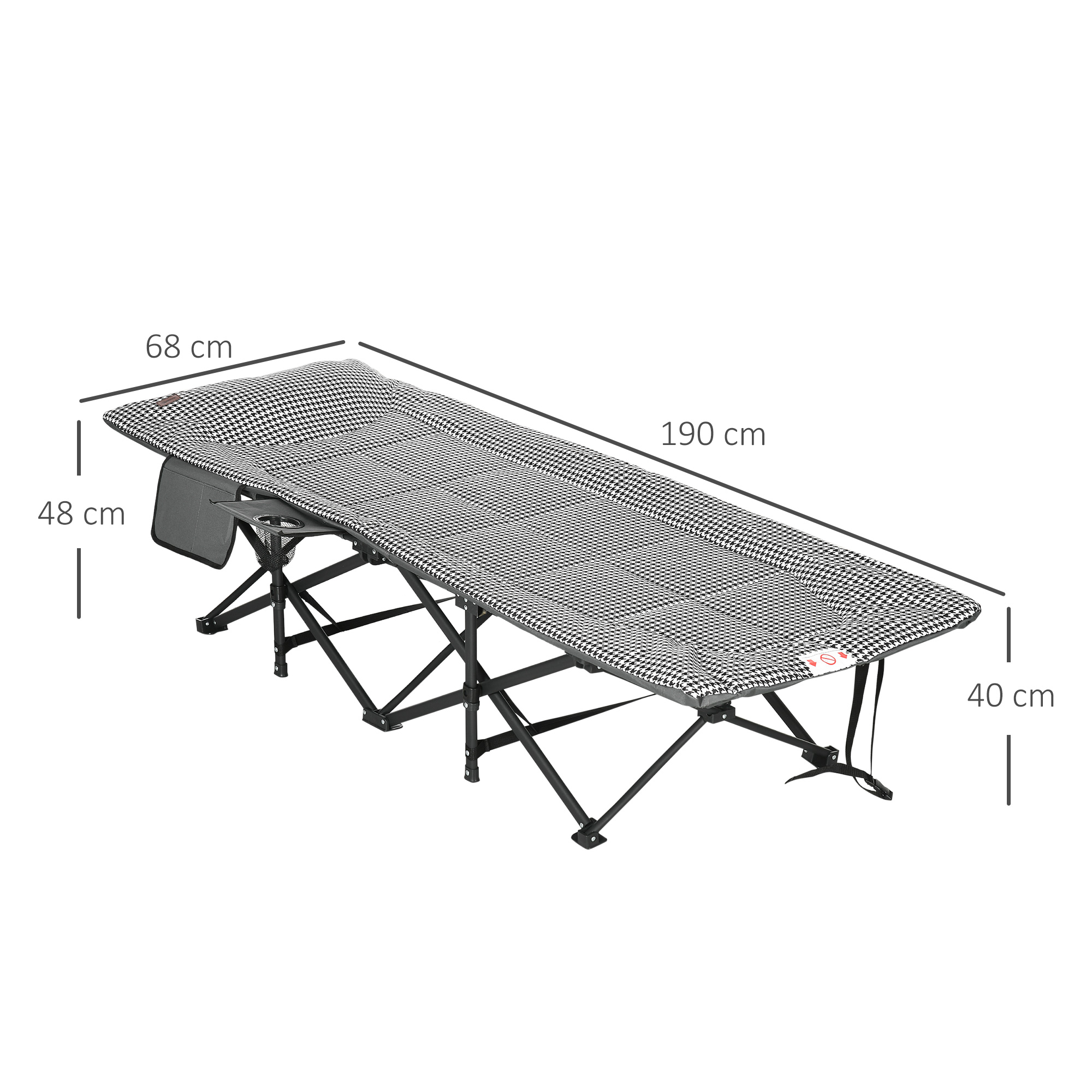 Sonnenliege, klappbar, 1 Seitentasche, 1 Getränkehalter, 68 cm x 186 cm x 48 cm, Schwarz + Weiß
