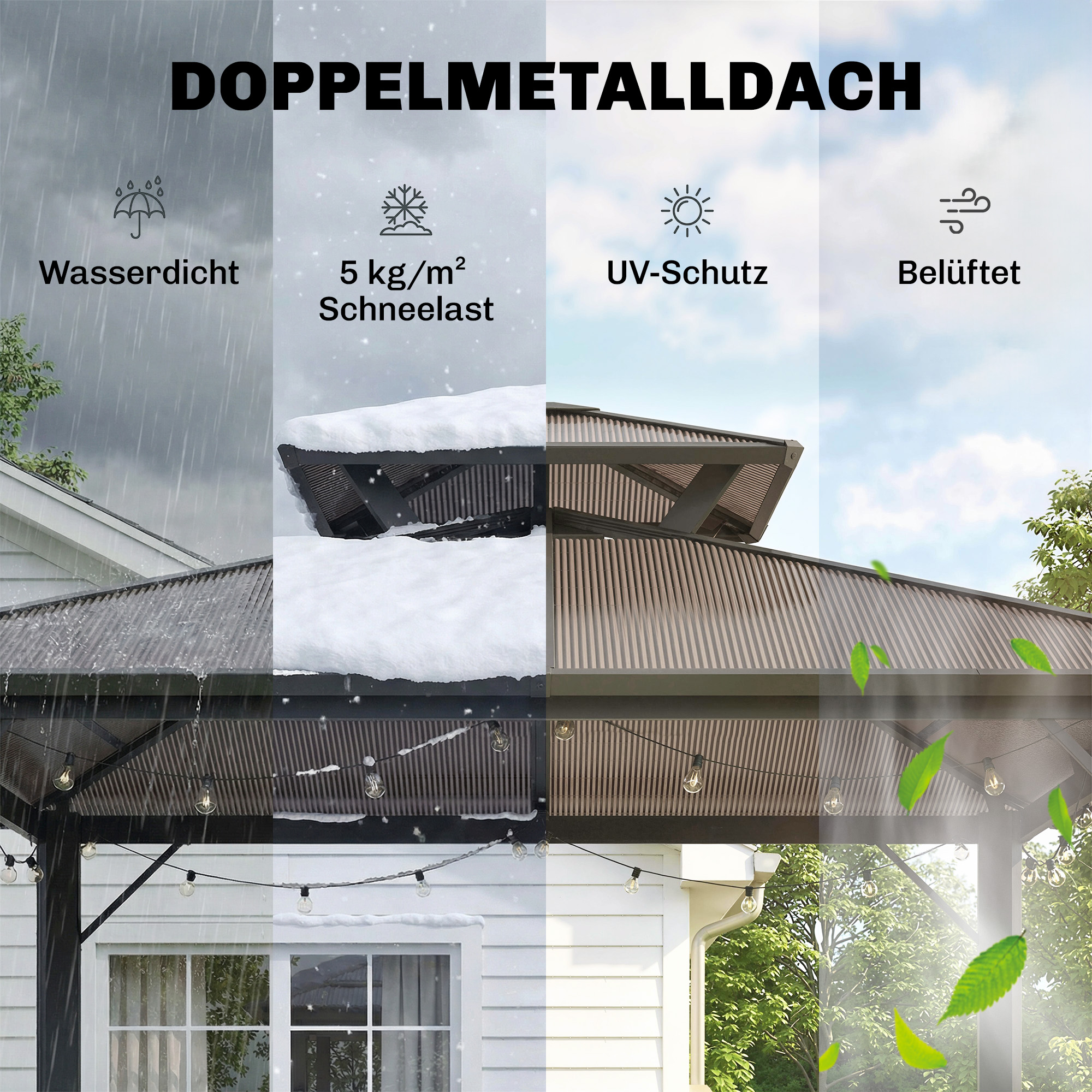Grillpavillon 2,5 x 1,5 m, Wasserdicht Grillüberdachung mit Doppeldach aus Polycarbonat Seitenablage Braun