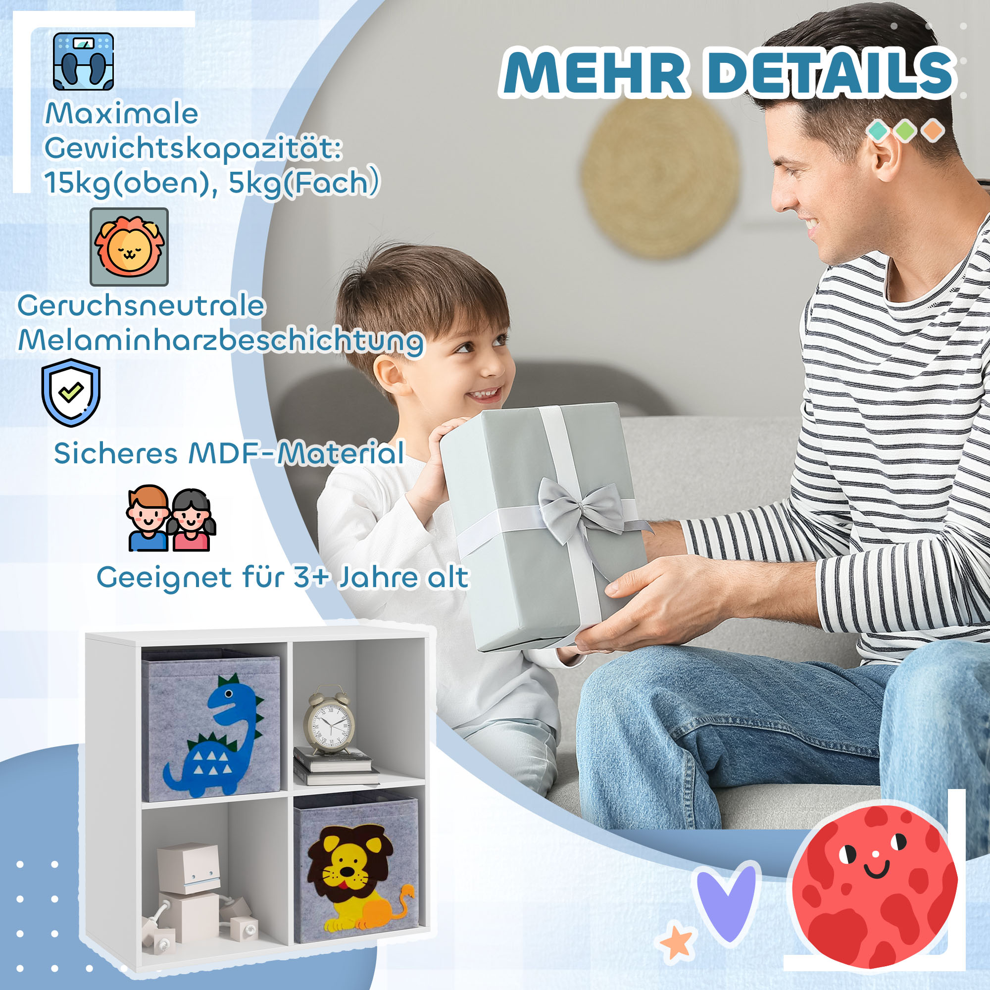 Aufbewahrungsregal für Kinder, Würfel, Schubladen, MDF, Kippschutz, Weiß