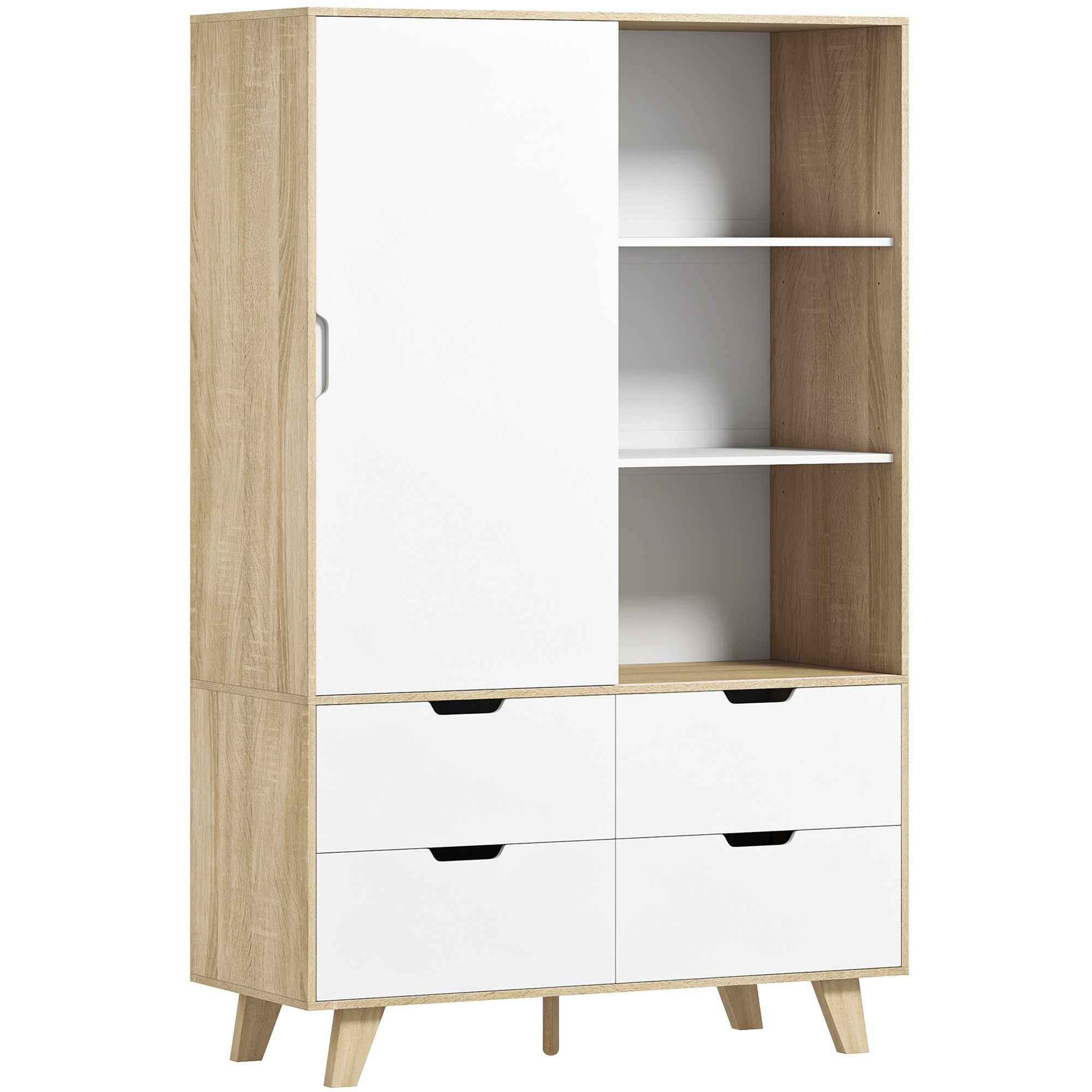 Moderner Kleiderschrank mit Schiebetüren, Kleiderstange, verstellbaren Böden und 4 Schubladen, Eiche/Weiß