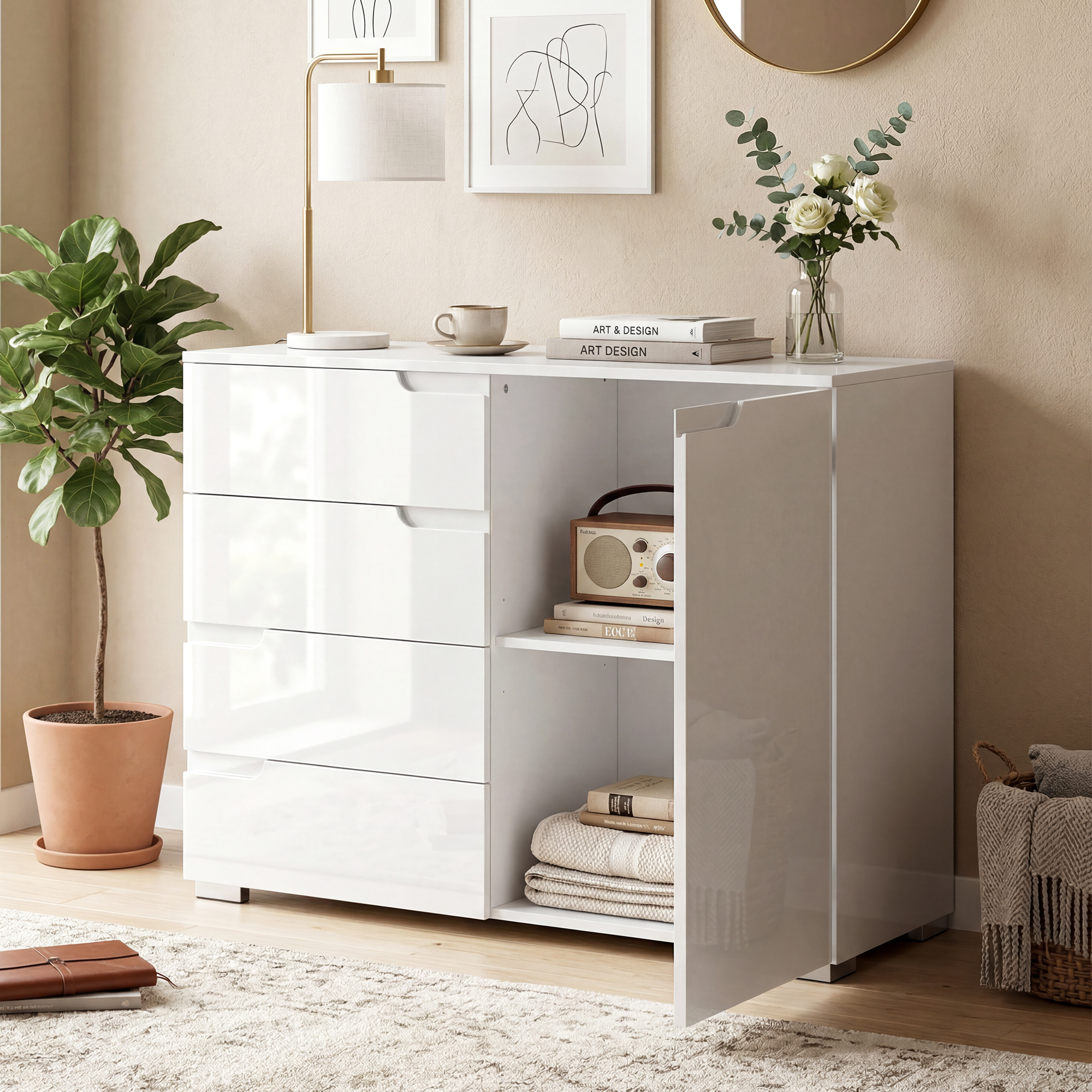 Kommode mit 4 Schubladen Sideboard mit 1 Tür, Verstellbarem Einlegeboden, für Wohnzimmer, Schlafzimmer 100 x 40 x 80 cm