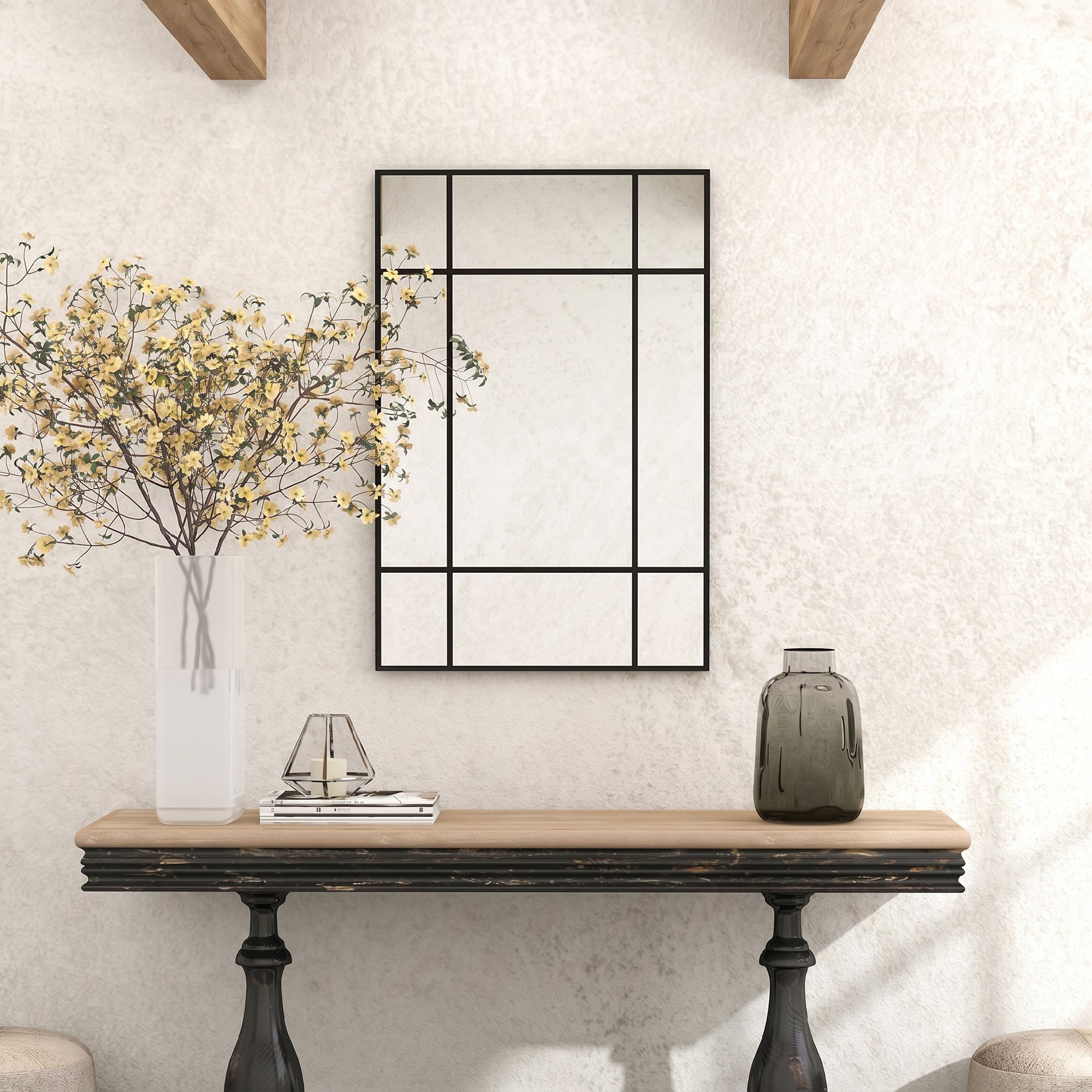 Wandspiegel, dekorativer Spiegel mit Metallrahmen, schwarze Streifen, Mehrschichtglas, 90B x 2T x 60H cm